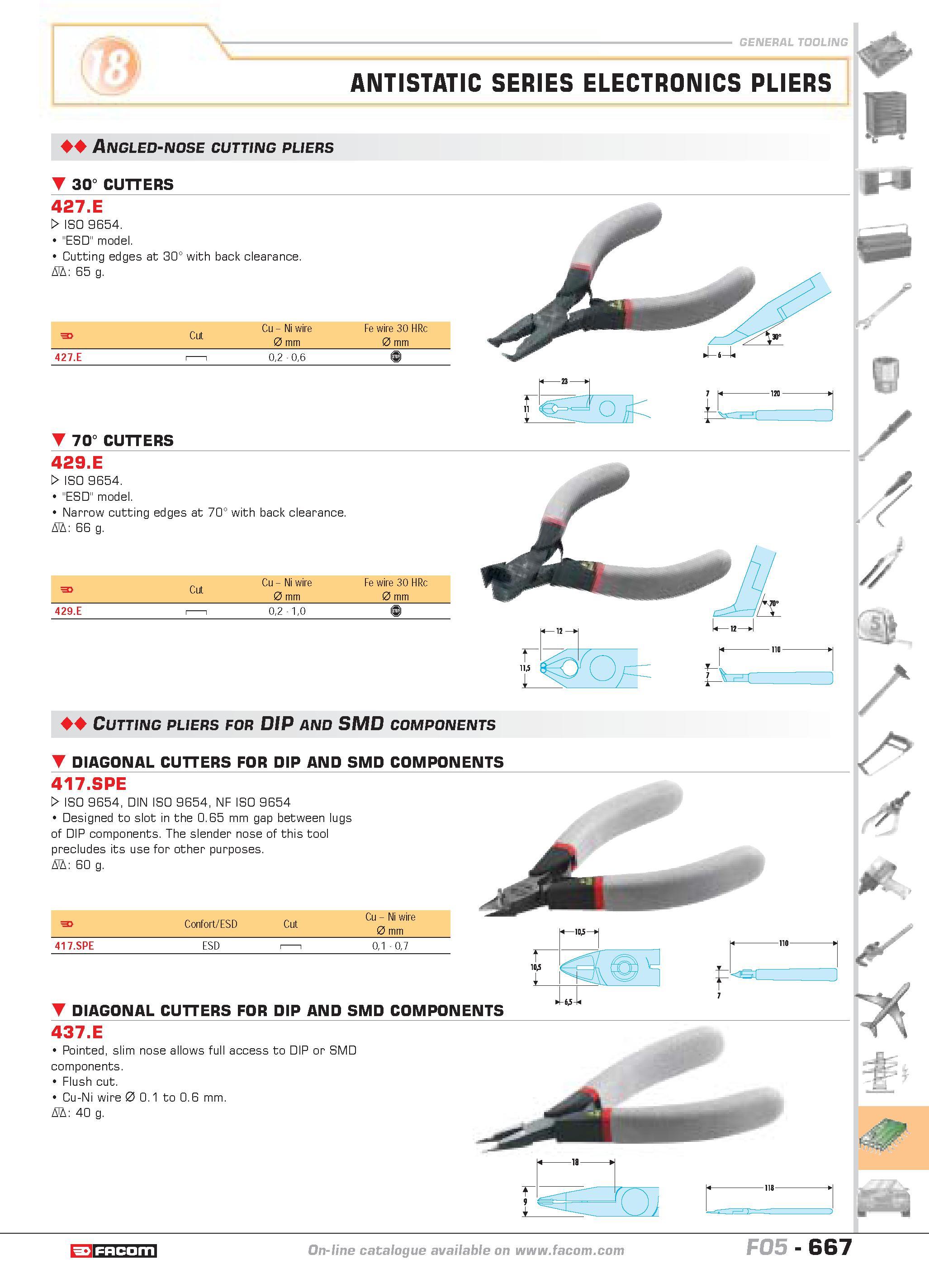 664 ANTISTATIC SERIES ELECTRONICS PLIERS Angled-nose cutting pliers 30 CUTTERS 427 E W ISO 9654 ESD model Cutting edges at 30 with back clearance D 6 Каталог FACOM 2005 Профессиональный ручной инструмент и специальное оборудование для предприятий и мастерских Стр. 667 ENG