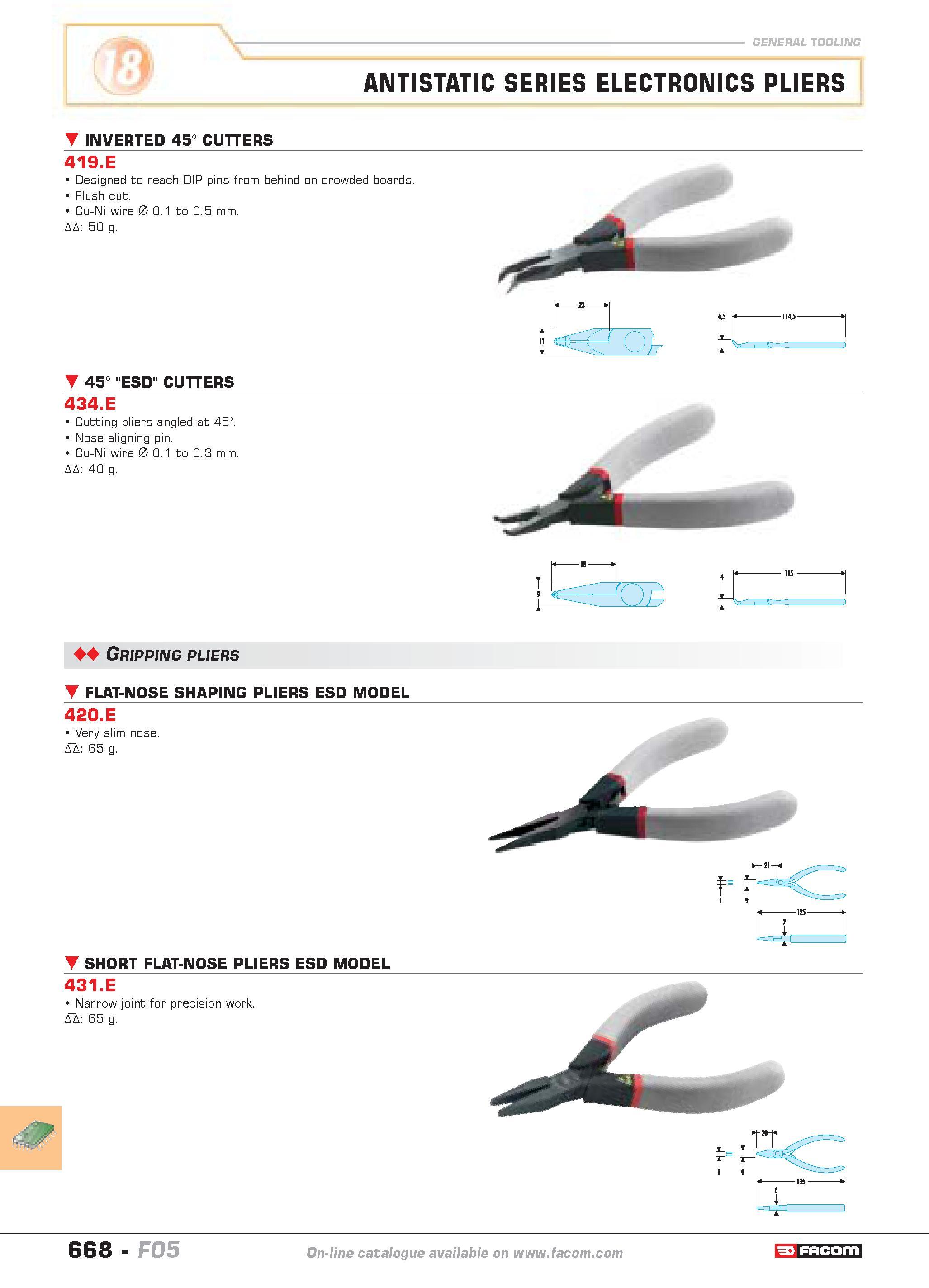 665 general tooling ANTISTATIC SERIES ELECTRONICS PLIERS INVERTED 45 CUTTERS 419 E Designed to reach DIP pins from behind on crowded boards Flush cut Каталог FACOM 2005 Профессиональный ручной инструмент и специальное оборудование для предприятий и мастерских Стр. 668 ENG