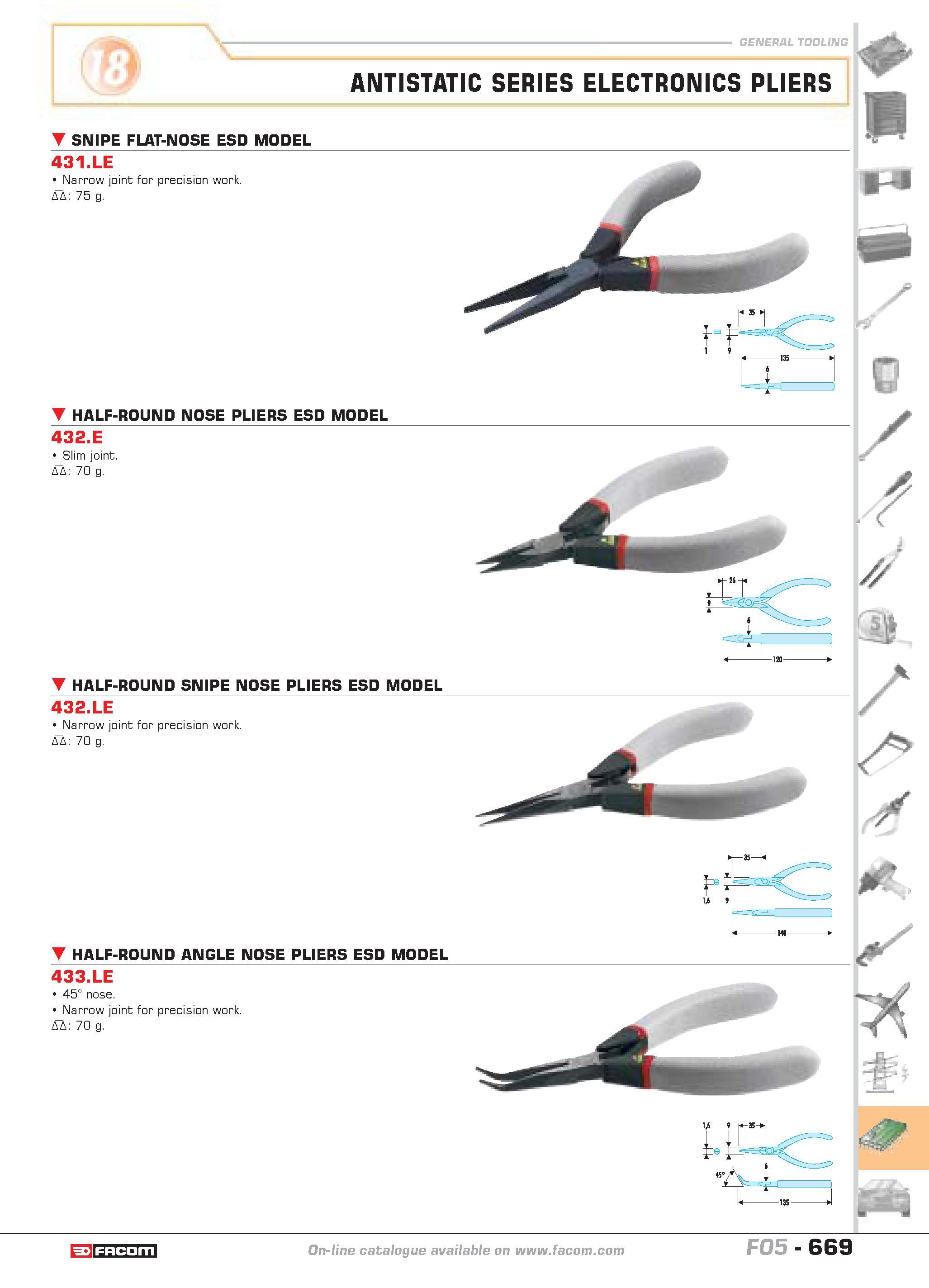666 1' SNIPE FLAT-NOSE ESD MODEL 431 LE Narrow joint for precision work D 75 g ANTISTATIC SERIES ELECTRONICS PLIERS HALF-ROUND NOSE PLIERS ESD MODEL Каталог FACOM 2005 Профессиональный ручной инструмент и специальное оборудование для предприятий и мастерских Стр. 669 ENG