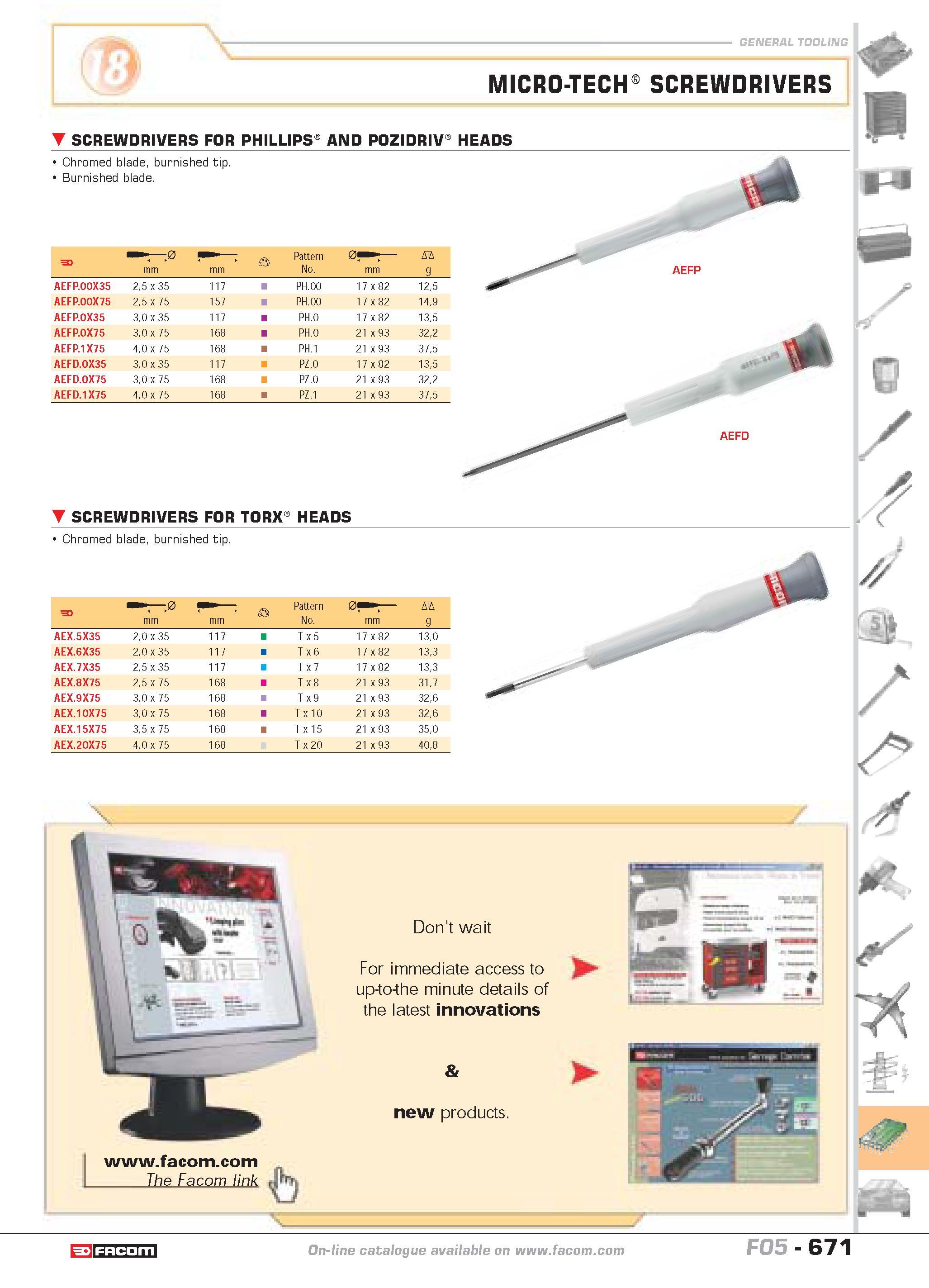668 general tooling MICRO-TECH SCREWDRIVERS SCREWDRIVERS FOR PHILLIPS AND POZIDRIV HEADS Chromed blade burnished tip Burnished blade SCREWDRIVERS FOR Каталог FACOM 2005 Профессиональный ручной инструмент и специальное оборудование для предприятий и мастерских Стр. 671 ENG