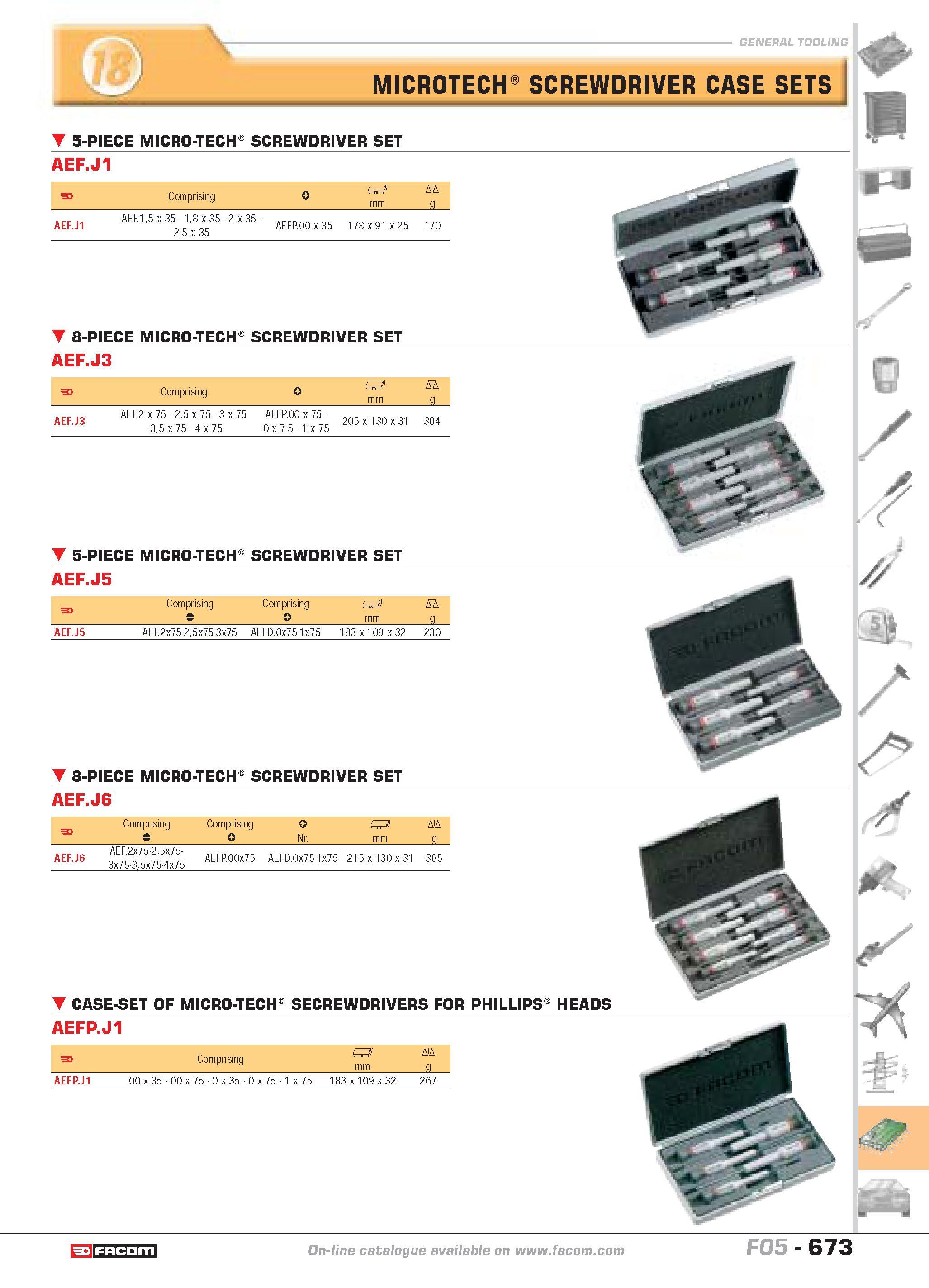 670 general tooling MICROTECH SCREWDRIVER CASE SETS 5-PIECE MICRO-TECH SCREWDRIVER SET AEF J1 F Comprising 0 I mm D g AEF J1 AEF 15 x 35 18 x 35 2 x Каталог FACOM 2005 Профессиональный ручной инструмент и специальное оборудование для предприятий и мастерских Стр. 673 ENG
