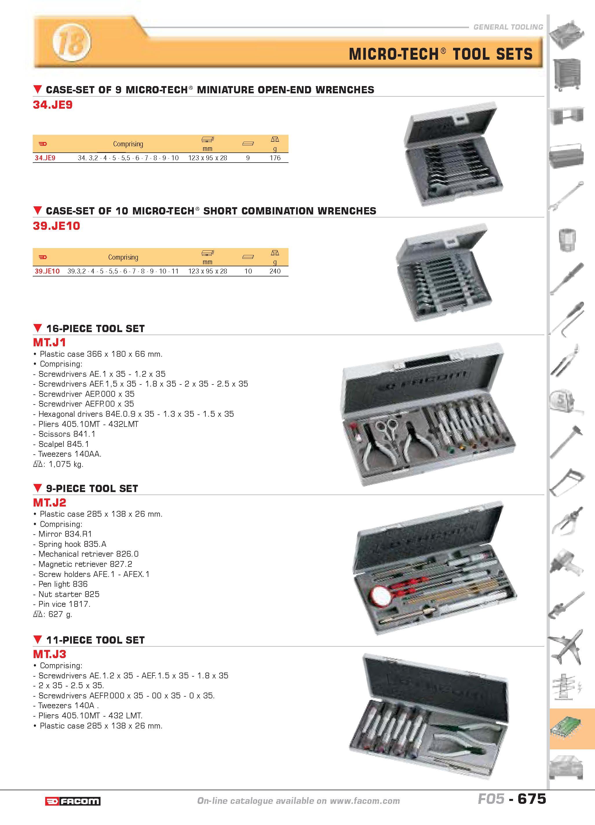 672 MICRO-TECH TOOL SETS CASE-SET OF 9 MICRO-TECH MINIATURE OPEN-END WRENCHES 34 JE9 F Comprising 1 mm D g 34 JE9 34 32 4 5 55 6 7 8 9 10 123 x 95 x Каталог FACOM 2005 Профессиональный ручной инструмент и специальное оборудование для предприятий и мастерских Стр. 675 ENG