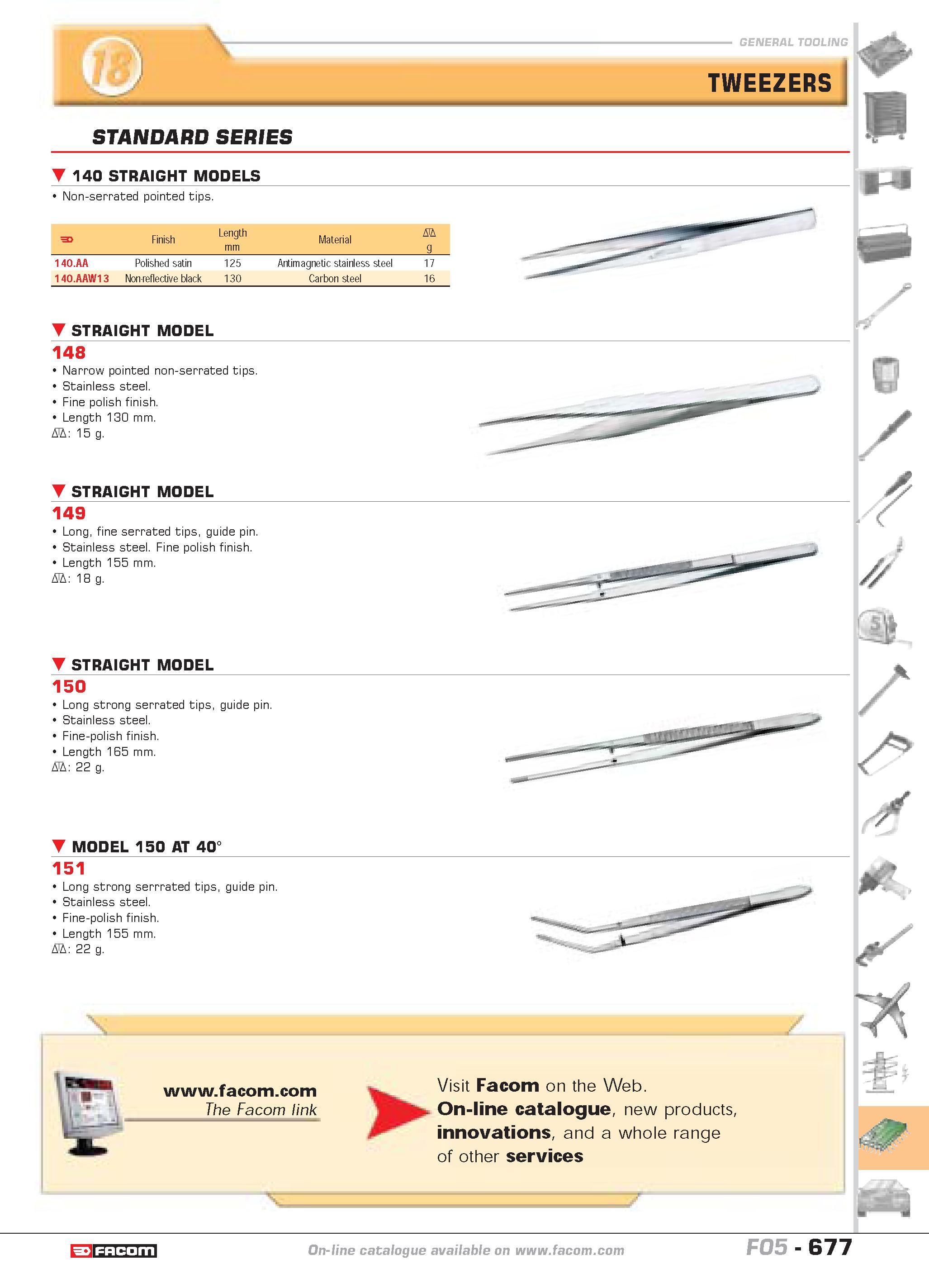 674 TWEEZERS STANDARD SERIES 140 STRAIGHT MODELS Non-serrated pointed tips F Finish Length Material D mm g 140 AA Polished satin 125 Antimagnetic sta Каталог FACOM 2005 Профессиональный ручной инструмент и специальное оборудование для предприятий и мастерских Стр. 677 ENG