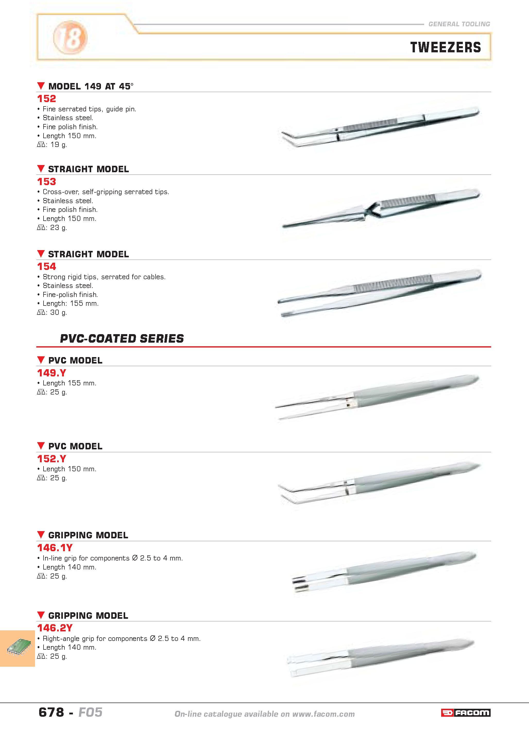 675 general tooling TWEEZERS MODEL 149 AT 45 152 Fine serrated tips guide pin Stainless steel Fine polish finish Length 150 mm D 19 g STRAIGHT MODEL Каталог FACOM 2005 Профессиональный ручной инструмент и специальное оборудование для предприятий и мастерских Стр. 678 ENG