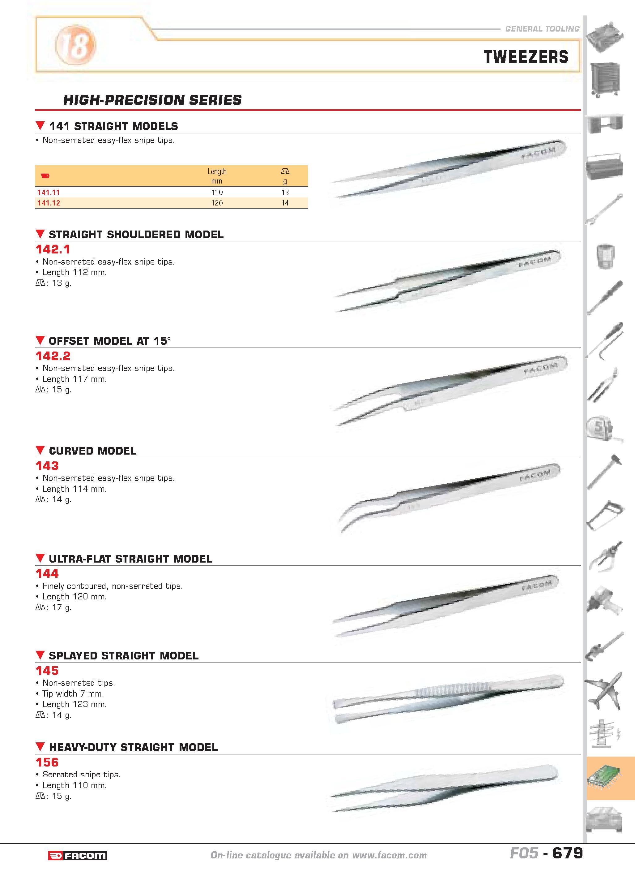 676 TWEEZERS HIGH-PRECISION SERIES 141 STRAIGHT MODELS Non-serrated easy-flex snipe tips Length D mm g 141 11 110 13 141 12 120 14 STRAIGHT SHOULDERE Каталог FACOM 2005 Профессиональный ручной инструмент и специальное оборудование для предприятий и мастерских Стр. 679 ENG