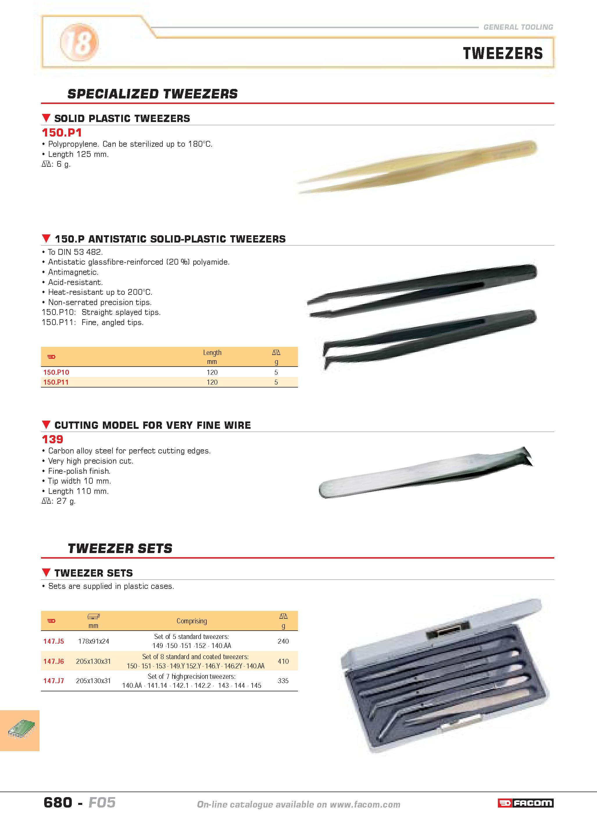 677 TWEEZERS SPECIALIZED TWEEZERS SOLID PLASTIC TWEEZERS 150 P1 Polypropylene Can be sterilized up to 180C Length 125 mm D 6 g 150 P ANTISTATIC SOLID Каталог FACOM 2005 Профессиональный ручной инструмент и специальное оборудование для предприятий и мастерских Стр. 680 ENG