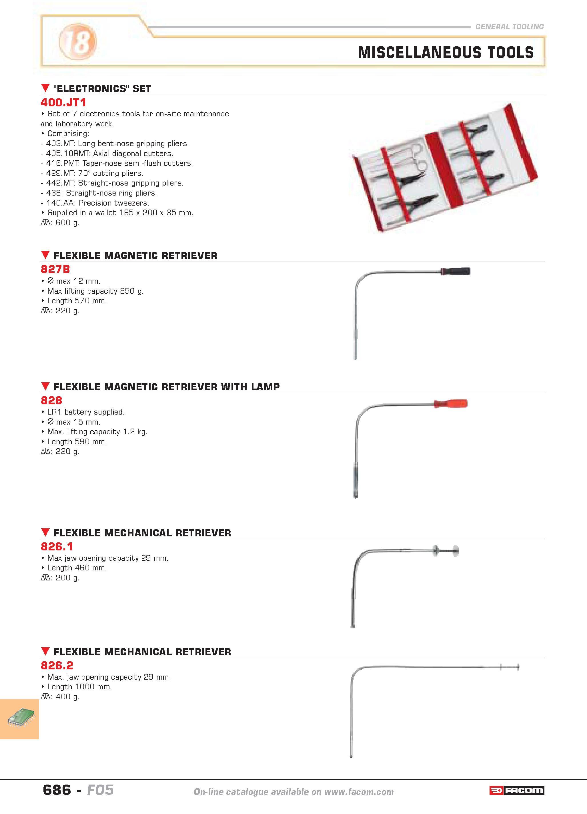 683 general tooling MISCELLANEOUS TOOLS ELECTRONICS SET 400 JT1 Set of 7 electronics tools for on-site maintenance and laboratory work Comprising 403 Каталог FACOM 2005 Профессиональный ручной инструмент и специальное оборудование для предприятий и мастерских Стр. 686 ENG