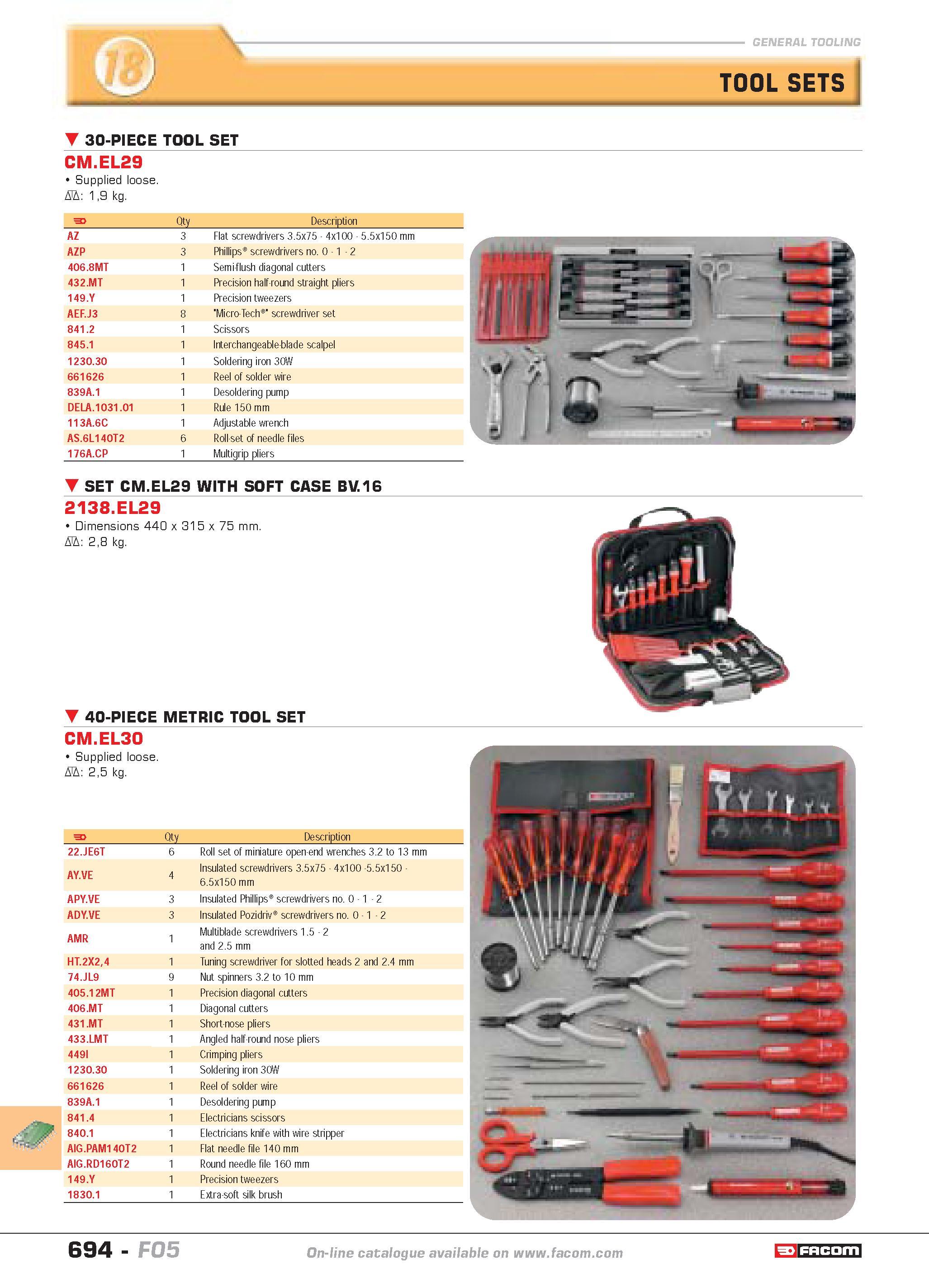 691 TOOL SETS 30-PIECE TOOL SET CM EL29 Supplied loose D 19 kg Qty Description AZ 3 Flat screwdrivers 3 5x75 4x100 5 5x150 mm AZP 3 Phillips screwdri Каталог FACOM 2005 Профессиональный ручной инструмент и специальное оборудование для предприятий и мастерских Стр. 694 ENG