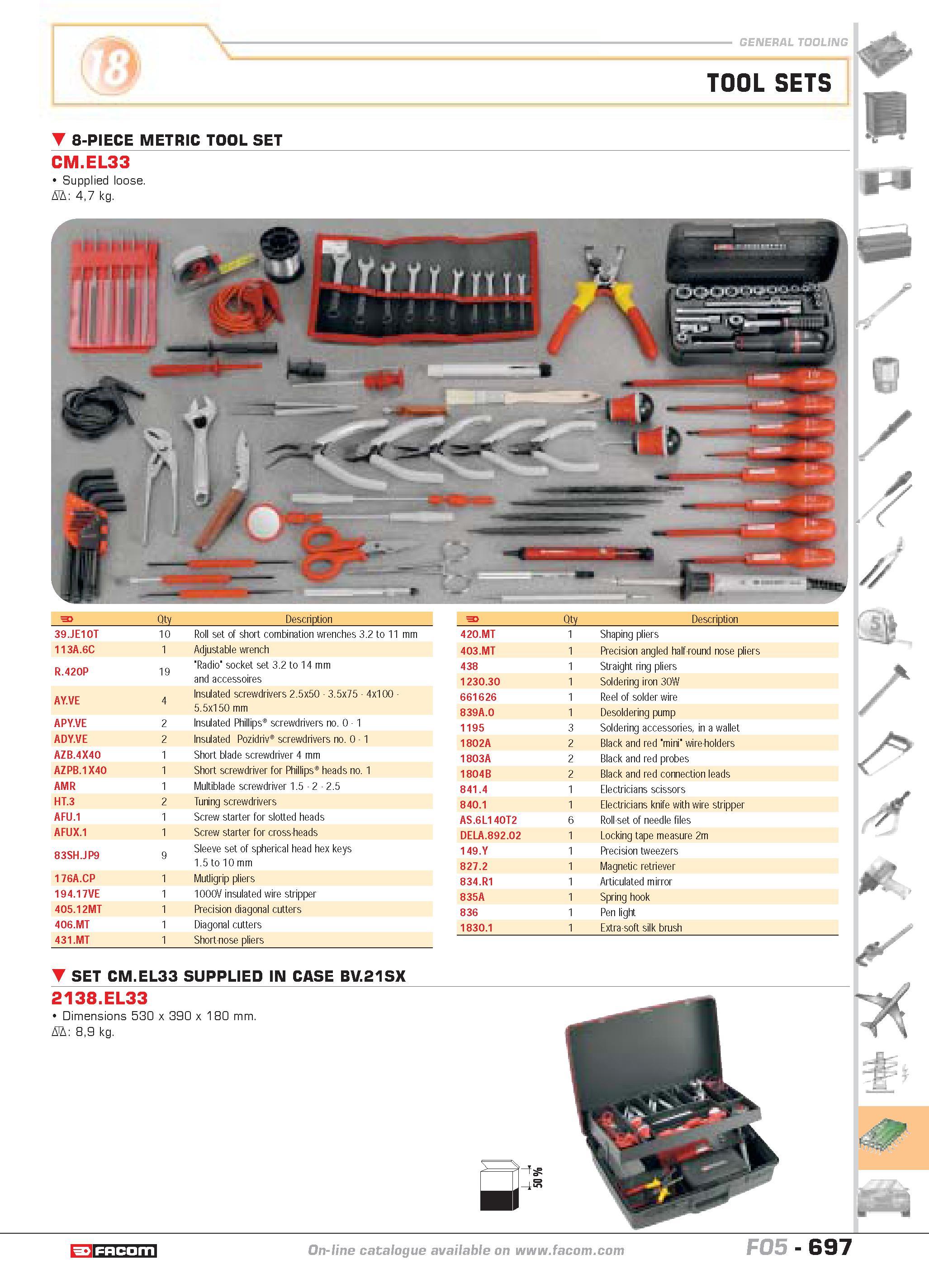 694 TOOL SETS 8-PIECE METRIC TOOL SET CM EL33 Supplied loose D 47 kg Qty Description 39 JE10T 10 Roll set of short combination wrenches 3 2 to 11 mm Каталог FACOM 2005 Профессиональный ручной инструмент и специальное оборудование для предприятий и мастерских Стр. 697 ENG
