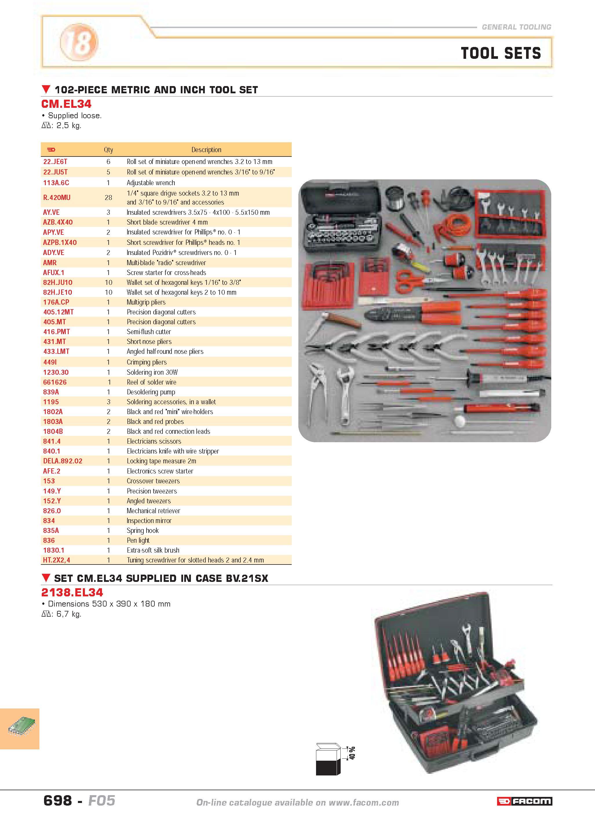 695 TOOL SETS 102-PIECE METRIC AND INCH TOOL SET CM EL34 Supplied loose D 25 kg F Qty Description 22 JE6T 6 Roll set of miniature open-end wrenches 3 Каталог FACOM 2005 Профессиональный ручной инструмент и специальное оборудование для предприятий и мастерских Стр. 698 ENG