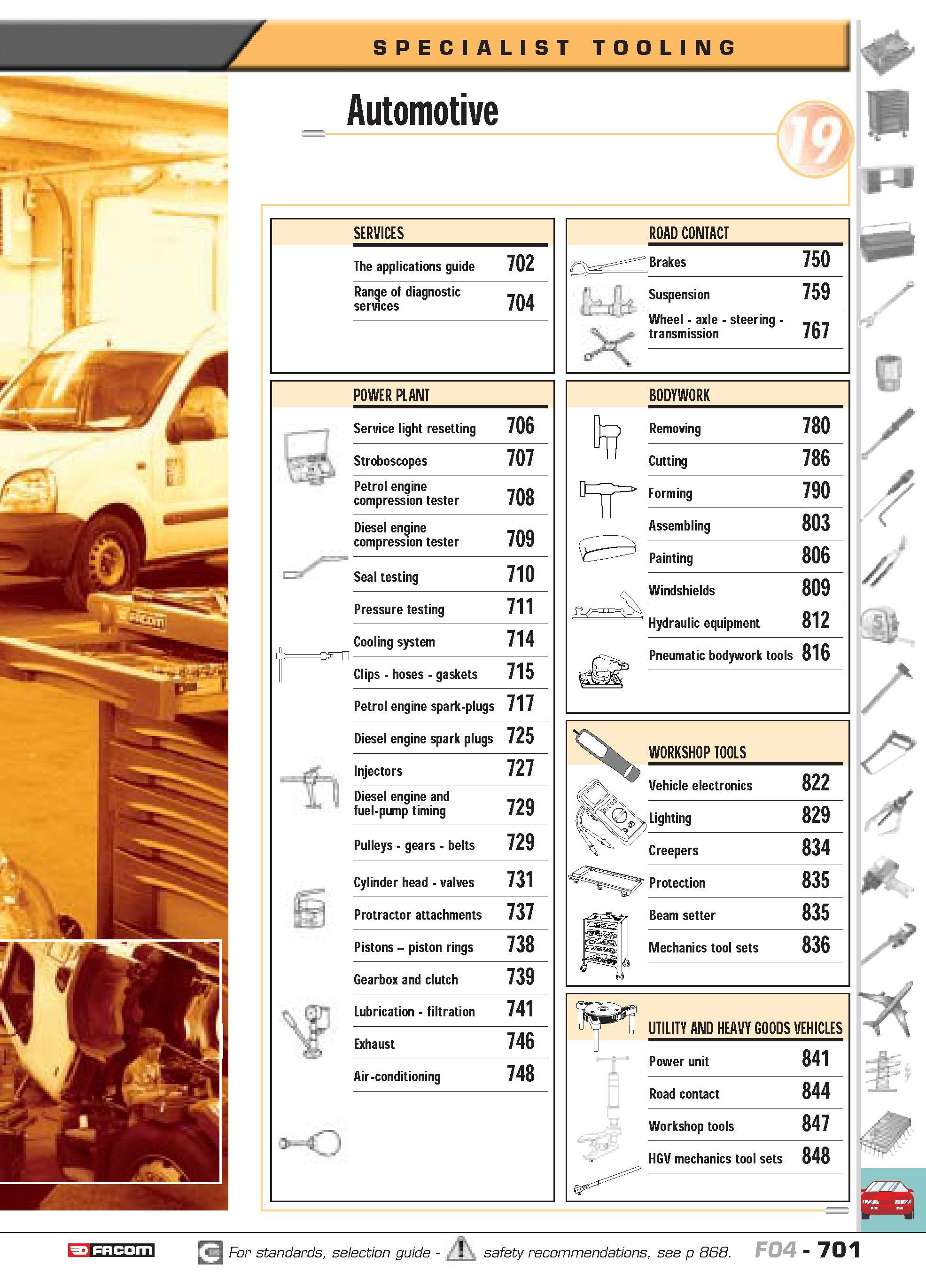 698 SPECIALIST TOOLING Automotive SERVICES The applications guide 702 Range of diagnostic services 704 POWER PLANT Service light resetting Stroboscop Каталог FACOM 2005 Профессиональный ручной инструмент и специальное оборудование для предприятий и мастерских Стр. 701 ENG