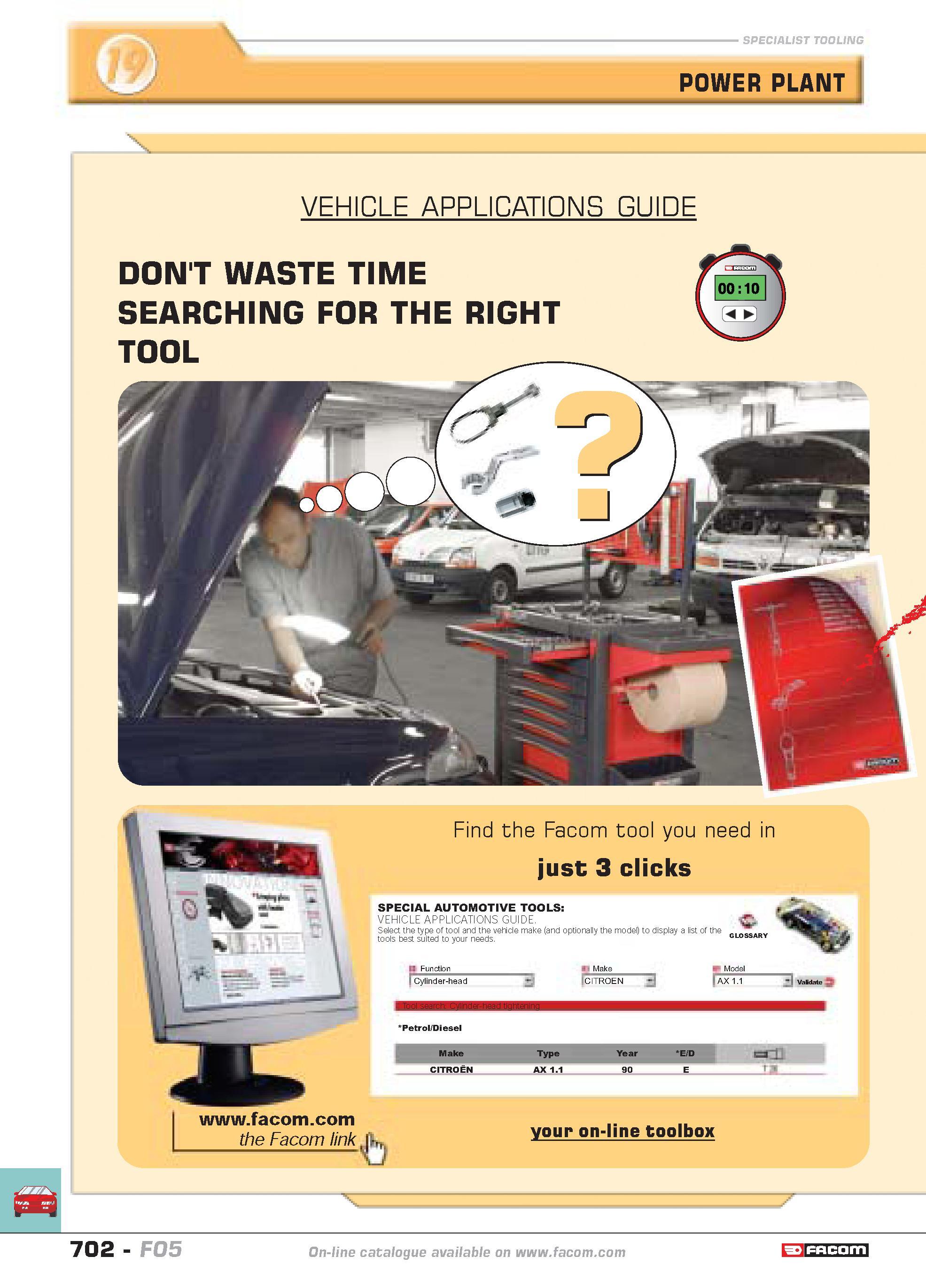 699 SPECIALIST TOOLING POWER PLANT VEHICLE APPLICATIONS GUIDE DON'T WASTE TIME SEARCHING FOR THE RIGHT TOOL Find the Facom tool you need in just 3 cl Каталог FACOM 2005 Профессиональный ручной инструмент и специальное оборудование для предприятий и мастерских Стр. 702 ENG