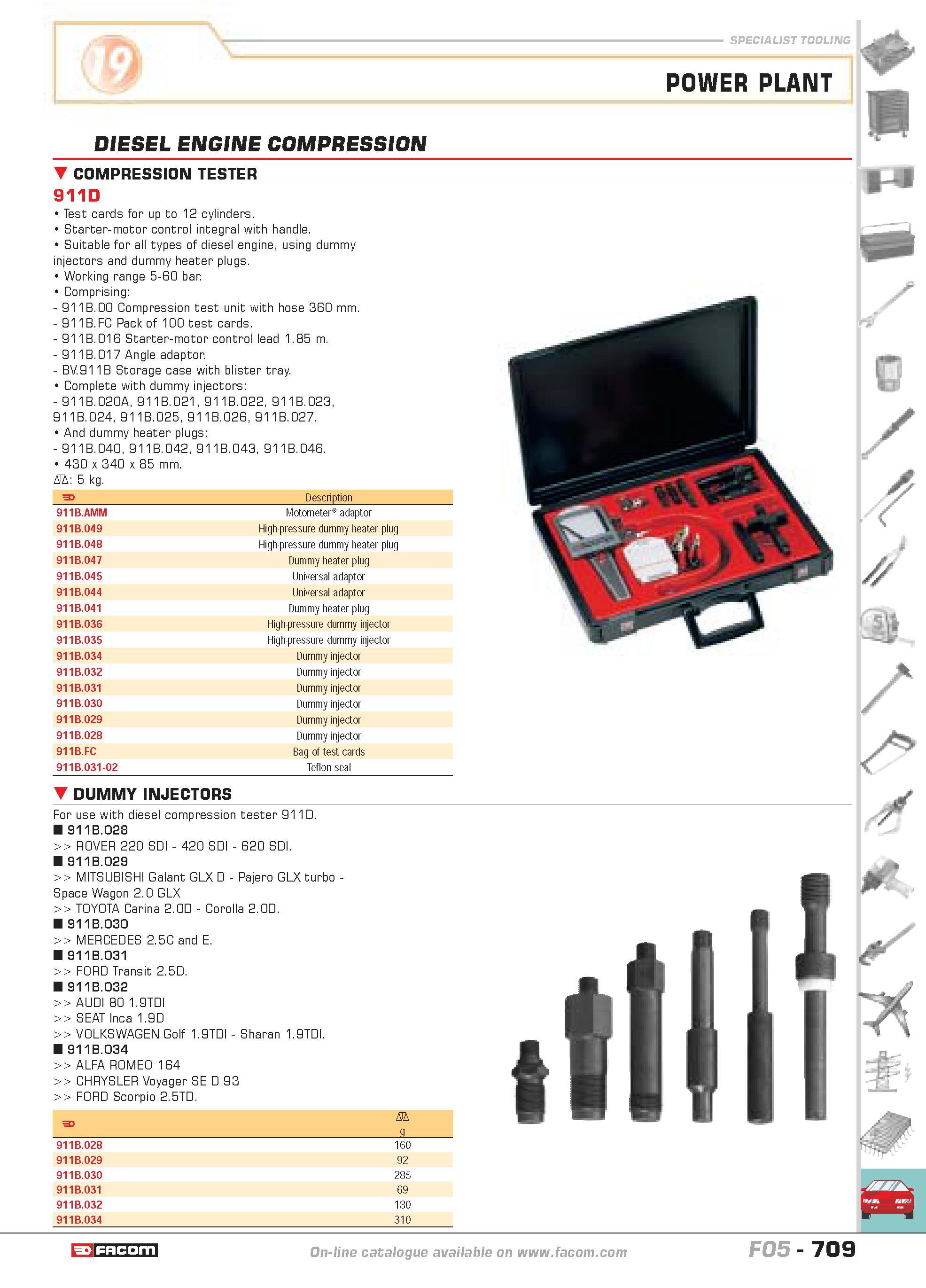 706 SPECIALIST TOOLING POWER PLANT DIESEL ENGINE COMPRESSION P COMPRESSION TESTER 911D Test cards for up to 12 cylinders Starter-motor control integr Каталог FACOM 2005 Профессиональный ручной инструмент и специальное оборудование для предприятий и мастерских Стр. 709 ENG