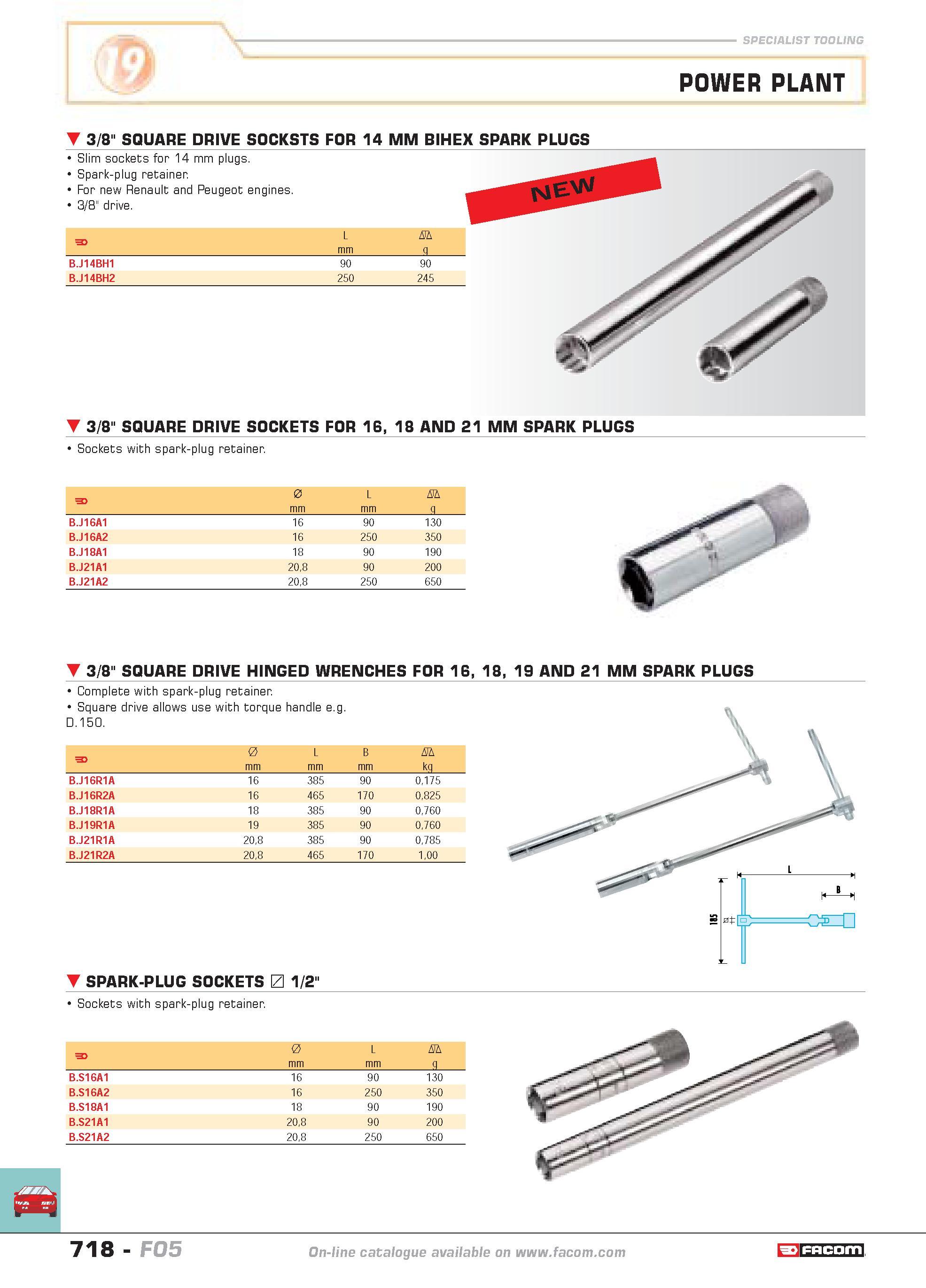 715 SPECIALIST TOOLING POWER PLANT 3/8 SQUARE DRIVE SOCKSTS FOR 14 MM BIHEX SPARK PLUGS Slim sockets for 14 mm plugs Spark-plug retainer For new Rena Каталог FACOM 2005 Профессиональный ручной инструмент и специальное оборудование для предприятий и мастерских Стр. 718 ENG