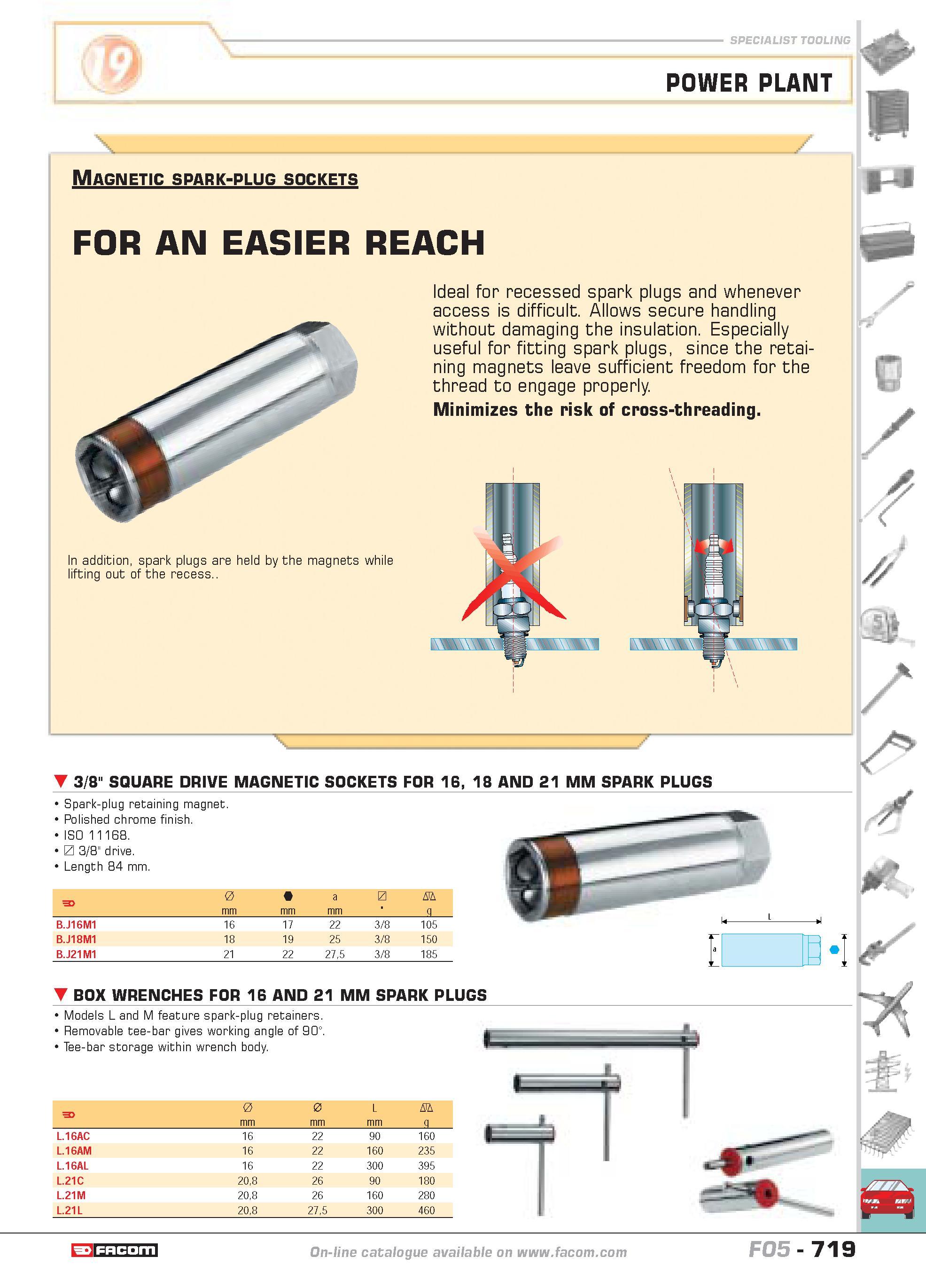 716 SPECIALIST TOOLING POWER PLANT Magnetic spark-plug sockets FOR AN EASIER REACH In addition spark plugs are held by the magnets while lifting out Каталог FACOM 2005 Профессиональный ручной инструмент и специальное оборудование для предприятий и мастерских Стр. 719 ENG
