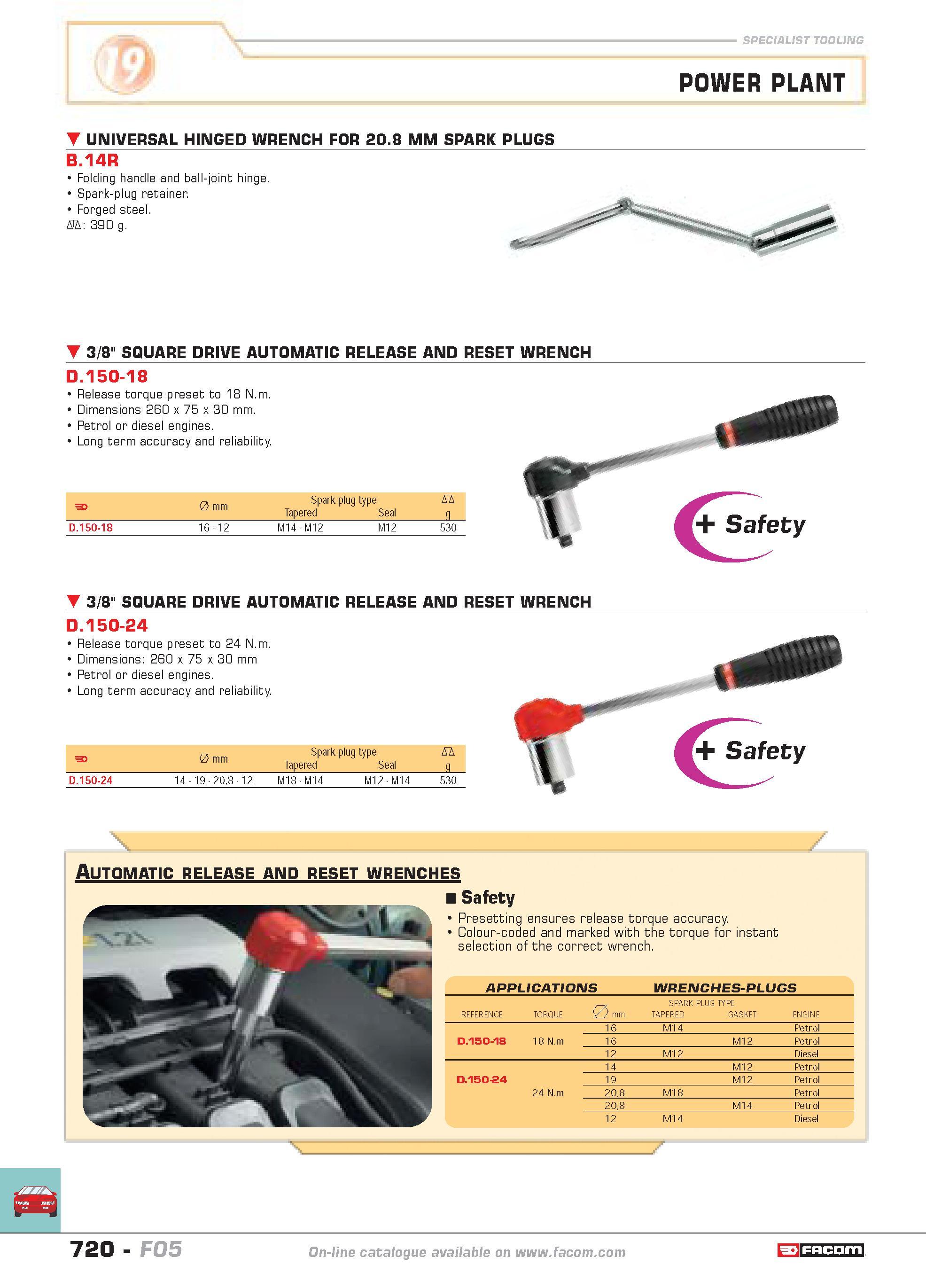 717 SPECIALIST TOOLING POWER PLANT UNIVERSAL HINGED WRENCH FOR 20 8 MM SPARK PLUGS B 14R Folding handle and ball-joint hinge Spark-plug retainer Forg Каталог FACOM 2005 Профессиональный ручной инструмент и специальное оборудование для предприятий и мастерских Стр. 720 ENG