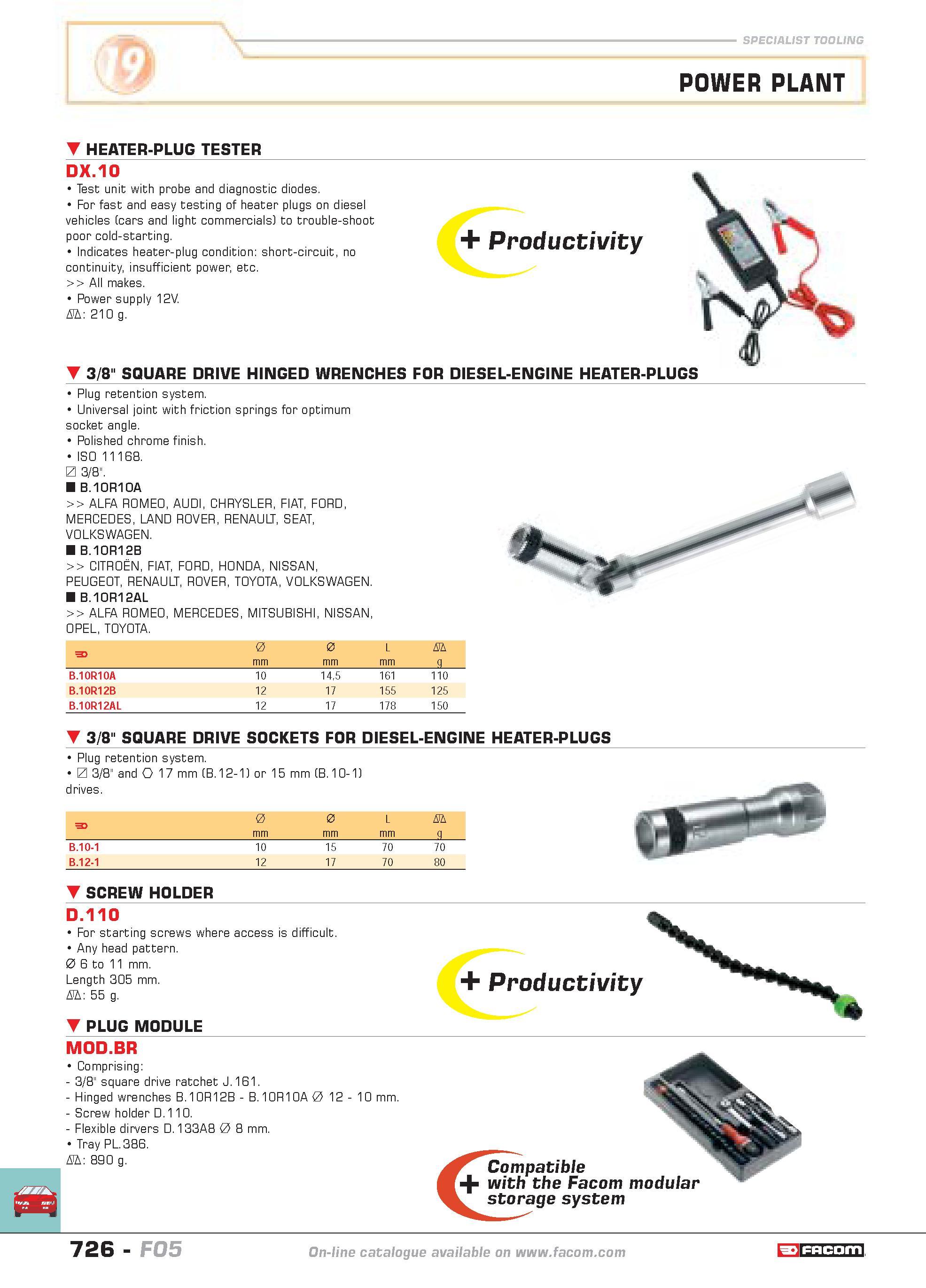 723 SPECIALIST TOOLING POWER PLANT HEATER-PLUG TESTER Productivity DX 10 Test unit with probe and diagnostic diodes For fast and easy testing of heat Каталог FACOM 2005 Профессиональный ручной инструмент и специальное оборудование для предприятий и мастерских Стр. 726 ENG