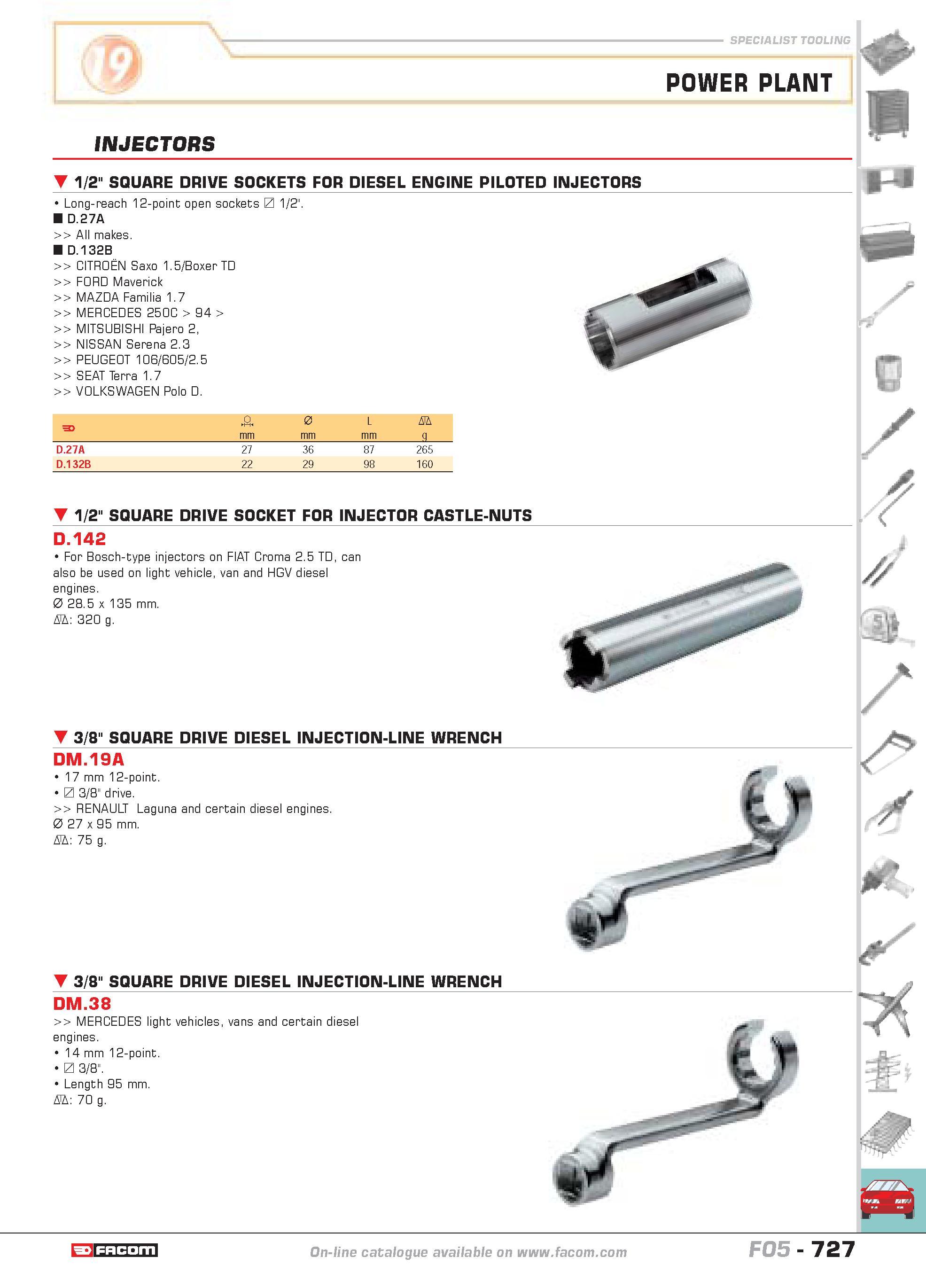 724 SPECIALIST TOOLING POWER PLANT INJECTORS 1/2 SQUARE DRIVE SOCKETS FOR DIESEL ENGINE PILOTED INJECTORS Long-reach 12-point open sockets L 1 2 D 27 Каталог FACOM 2005 Профессиональный ручной инструмент и специальное оборудование для предприятий и мастерских Стр. 727 ENG