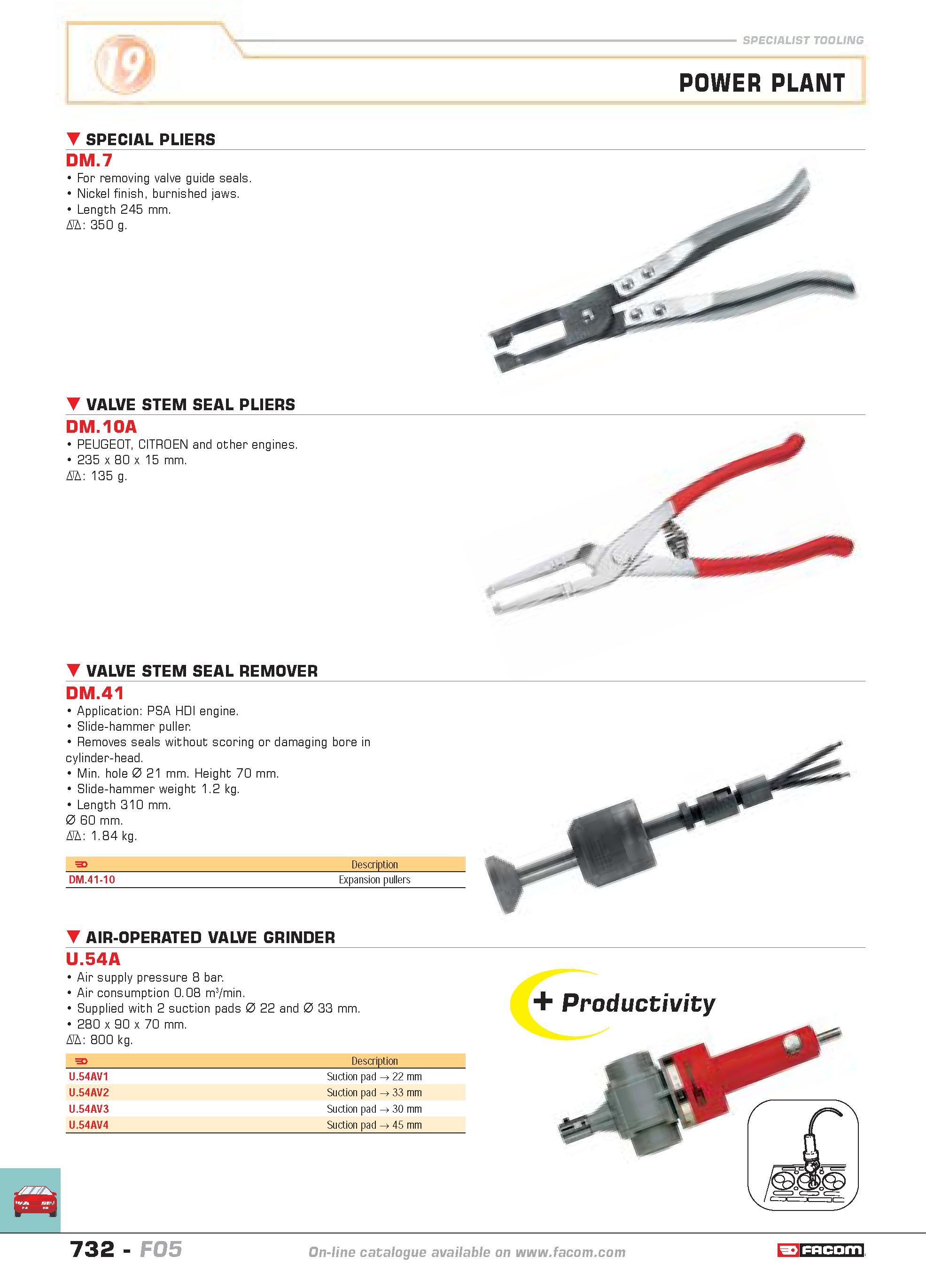 729 SPECIALIST TOOLING POWER PLANT SPECIAL PLIERS DM 7 For removing valve guide seals Nickel finish burnished jaws Length 245 mm D 350 g VALVE STEM S Каталог FACOM 2005 Профессиональный ручной инструмент и специальное оборудование для предприятий и мастерских Стр. 732 ENG