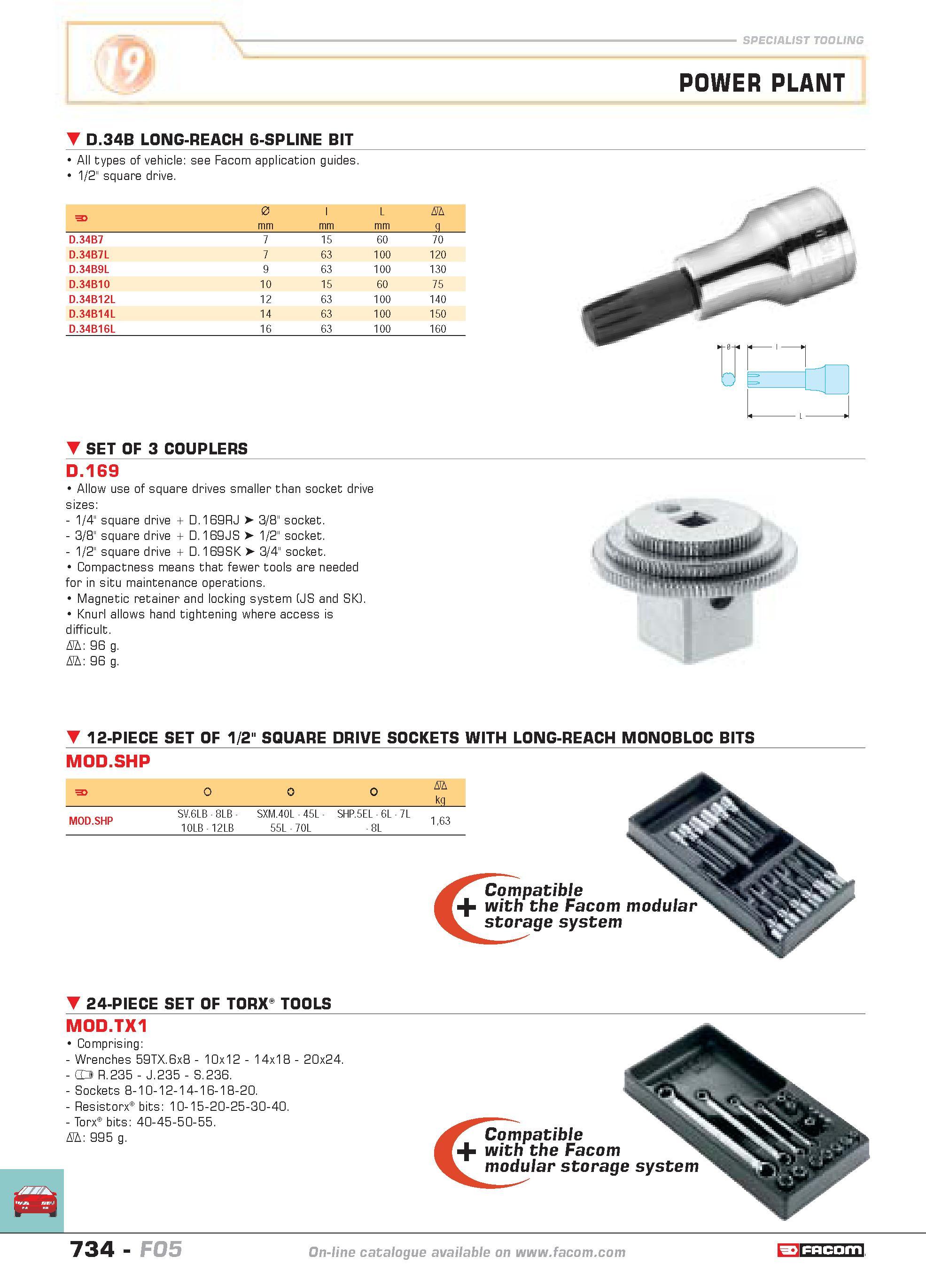 731 SPECIALIST TOOLING D 34B LONG-REACH 6-SPLINE BIT POWER PLANT All types of vehicle see Facom application guides 1/2 square drive F 0 mm I mm L mm Каталог FACOM 2005 Профессиональный ручной инструмент и специальное оборудование для предприятий и мастерских Стр. 734 ENG