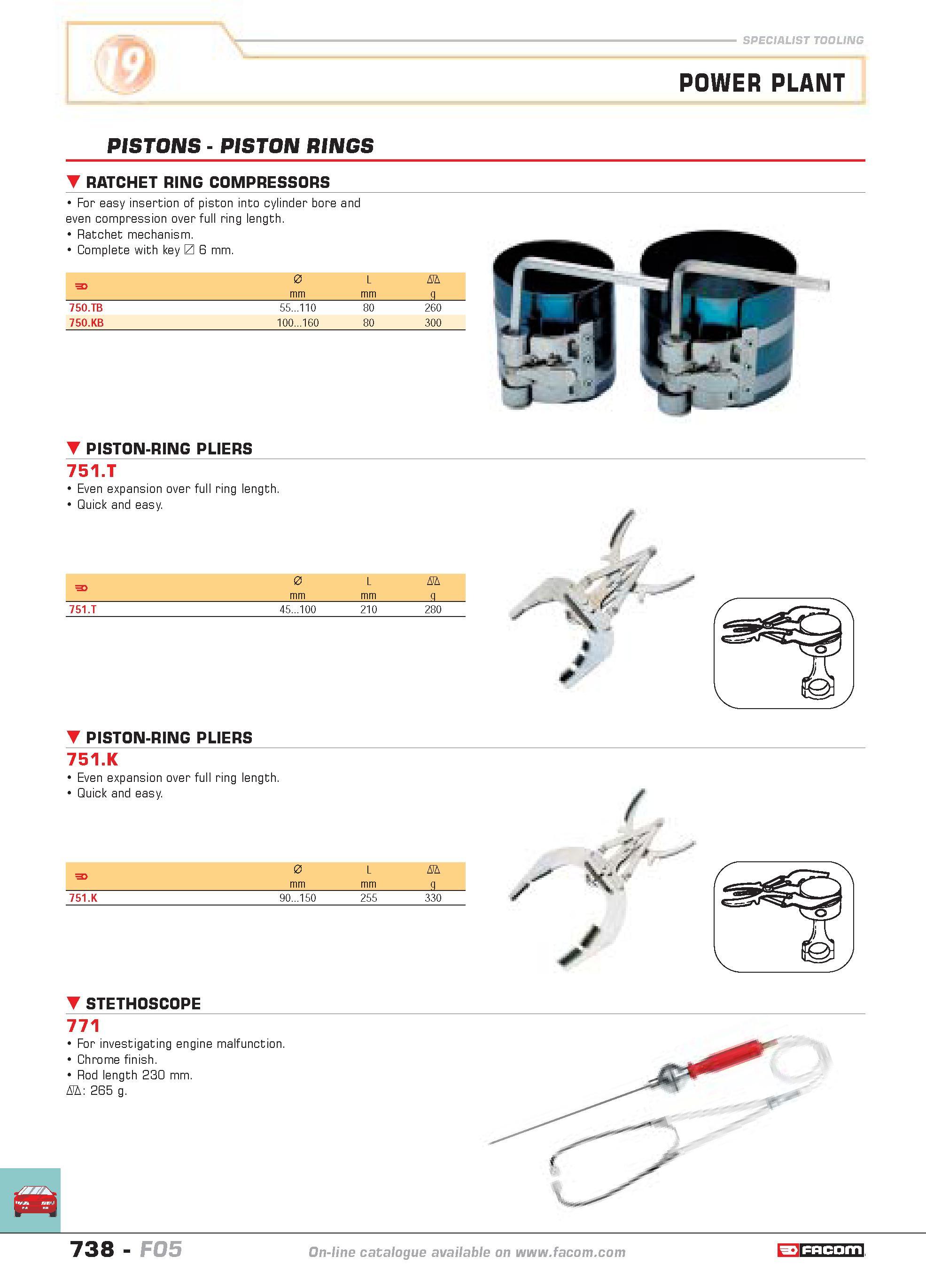 735 SPECIALIST TOOLING POWER PLANT PISTONS PISTON RINGS RATCHET RING COMPRESSORS For easy insertion of piston into cylinder bore and even compression Каталог FACOM 2005 Профессиональный ручной инструмент и специальное оборудование для предприятий и мастерских Стр. 738 ENG