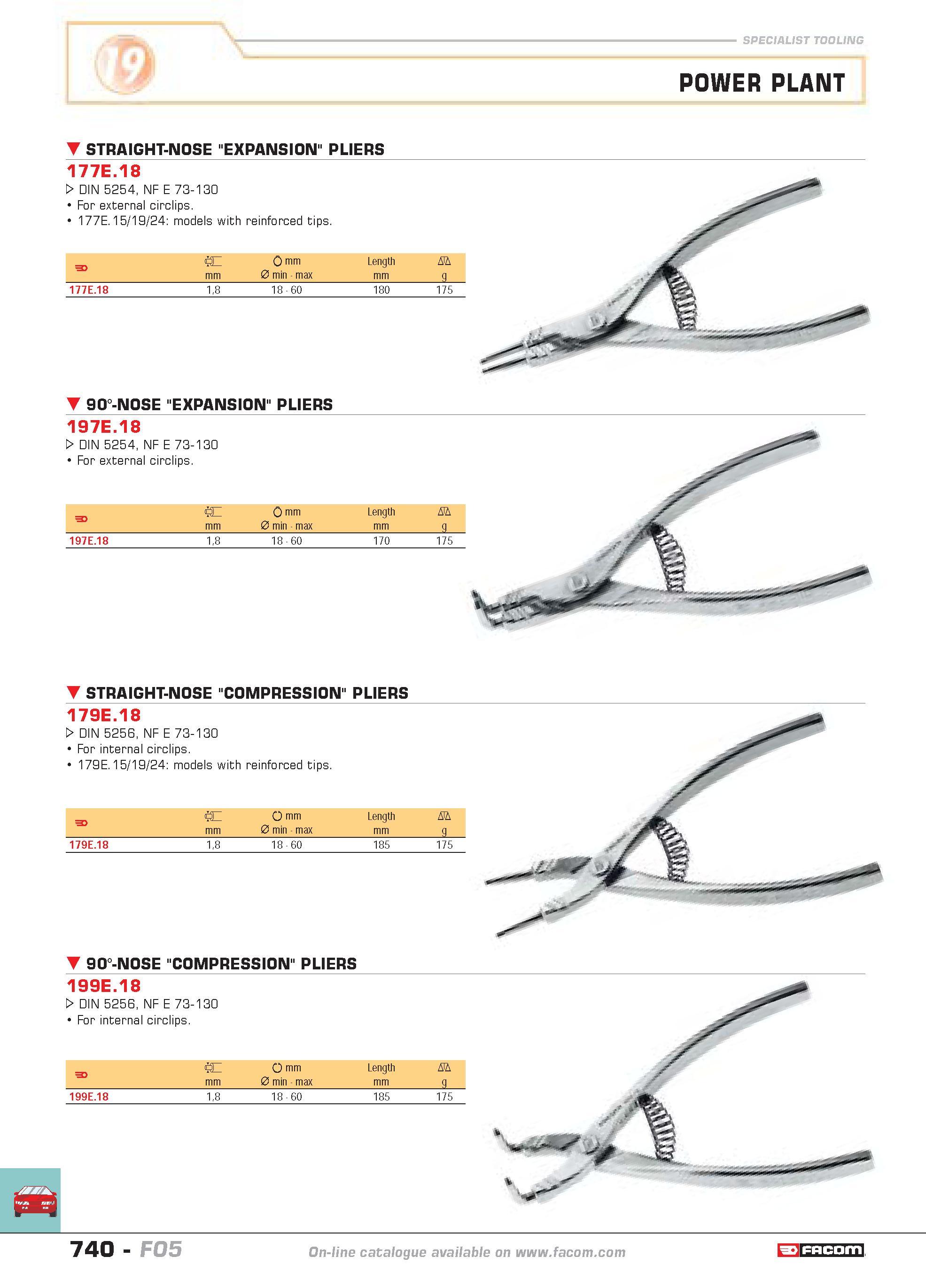 737 STRAIGHT-NOSE EXPANSION PLIERS 177E 18 W DIN 5254 NF E 73-130 For external circlips 177E 15 19 24 models with reinforced tips W 0 mm Length D mm Каталог FACOM 2005 Профессиональный ручной инструмент и специальное оборудование для предприятий и мастерских Стр. 740 ENG