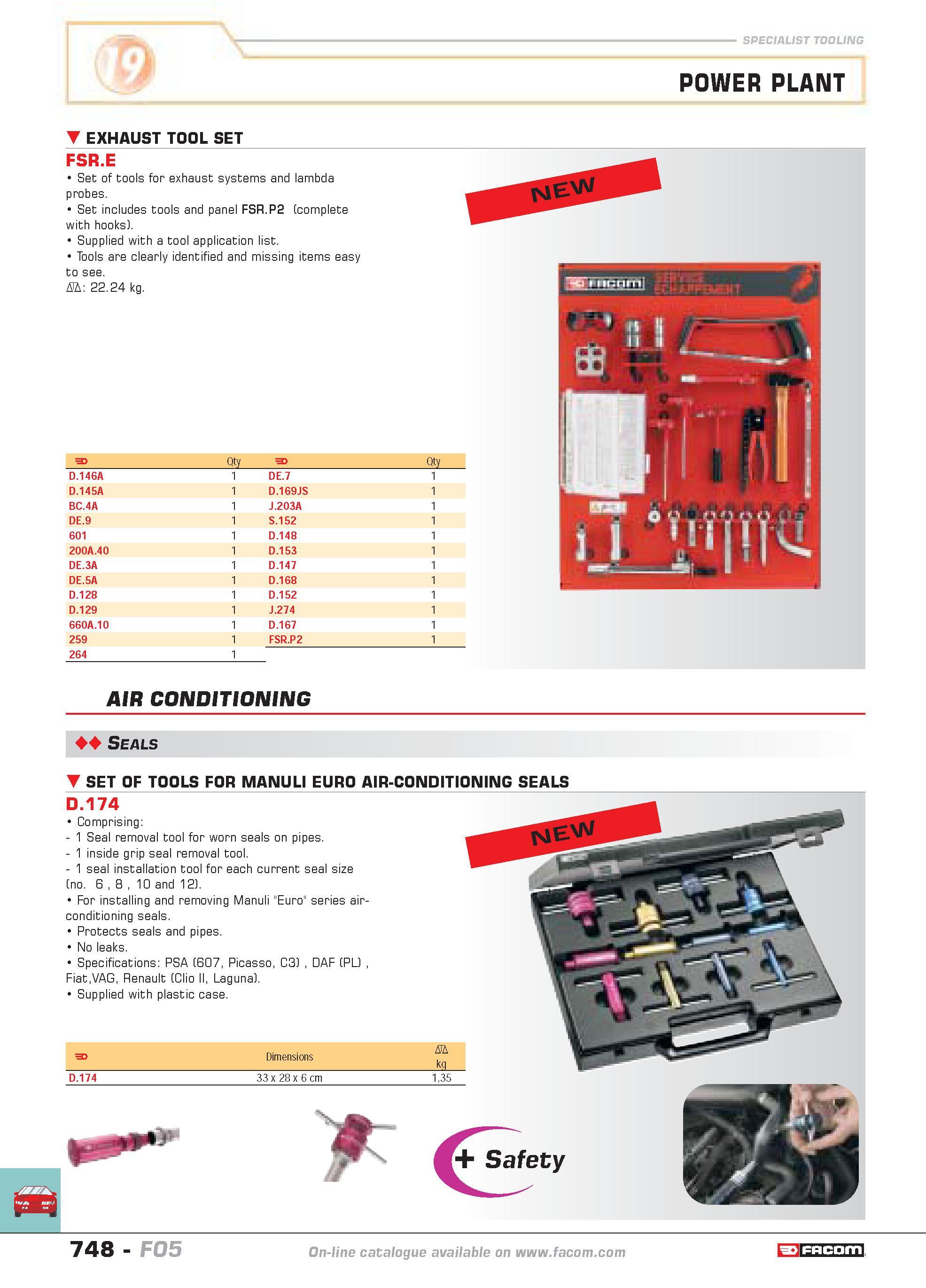745 SPECIALIST TOOLING POWER PLANT EXHAUST TOOL SET FSR E Set of tools for exhaust systems and lambda probes Set includes tools and panel FSR P2 (com Каталог FACOM 2005 Профессиональный ручной инструмент и специальное оборудование для предприятий и мастерских Стр. 748 ENG