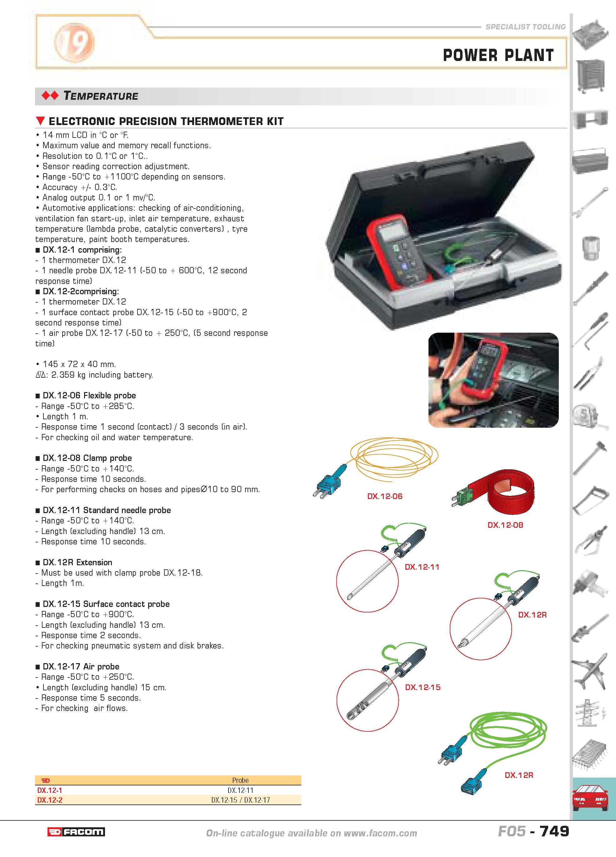 746 SPECIALIST TOOLING POWER PLANT Temperature ELECTRONIC PRECISION THERMOMETER KIT 14 mm LCD in C or F Maximum value and memory recall functions Res Каталог FACOM 2005 Профессиональный ручной инструмент и специальное оборудование для предприятий и мастерских Стр. 749 ENG
