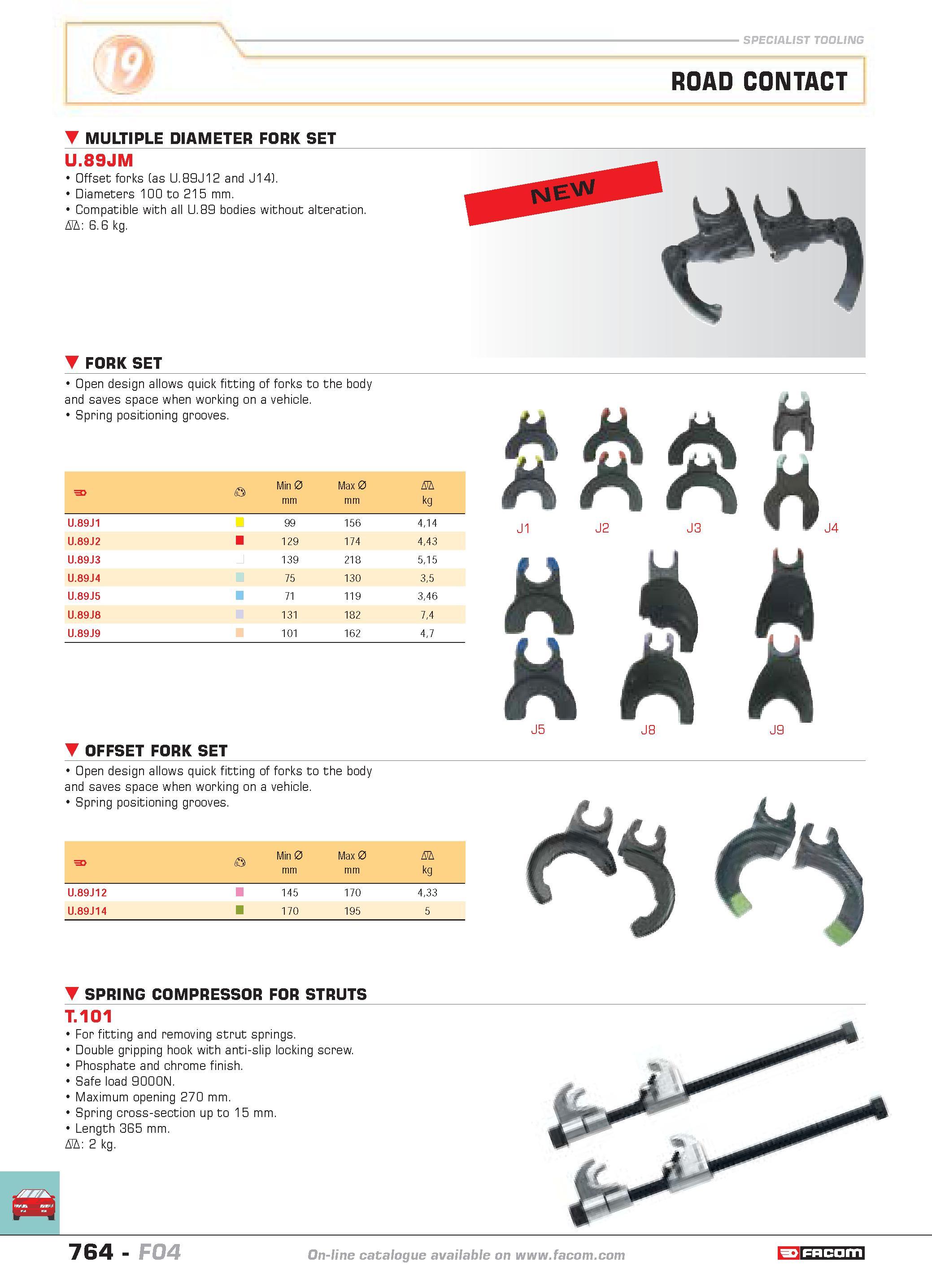 761 SPECIALIST TOOLING ROAD CONTACT MULTIPLE DIAMETER FORK SET U 89JM Offset forks (as U 89J12 and J14) Diameters 100 to 215 mm Compatible with all U Каталог FACOM 2005 Профессиональный ручной инструмент и специальное оборудование для предприятий и мастерских Стр. 764 ENG