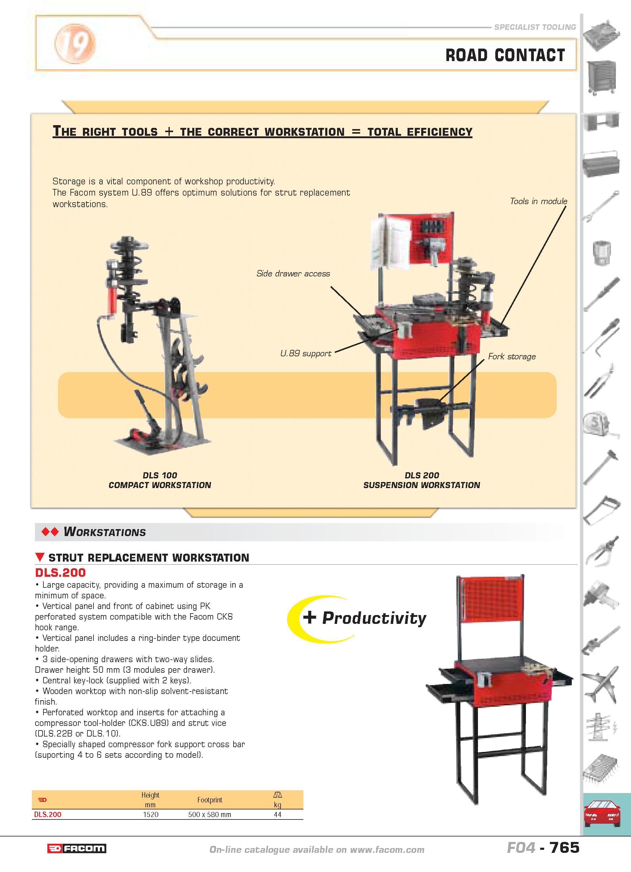 762 ROAD CONTACT The right tools the correct workstation total efficiency Storage is a vital component of workshop productivity The Facom system U 89 Каталог FACOM 2005 Профессиональный ручной инструмент и специальное оборудование для предприятий и мастерских Стр. 765 ENG