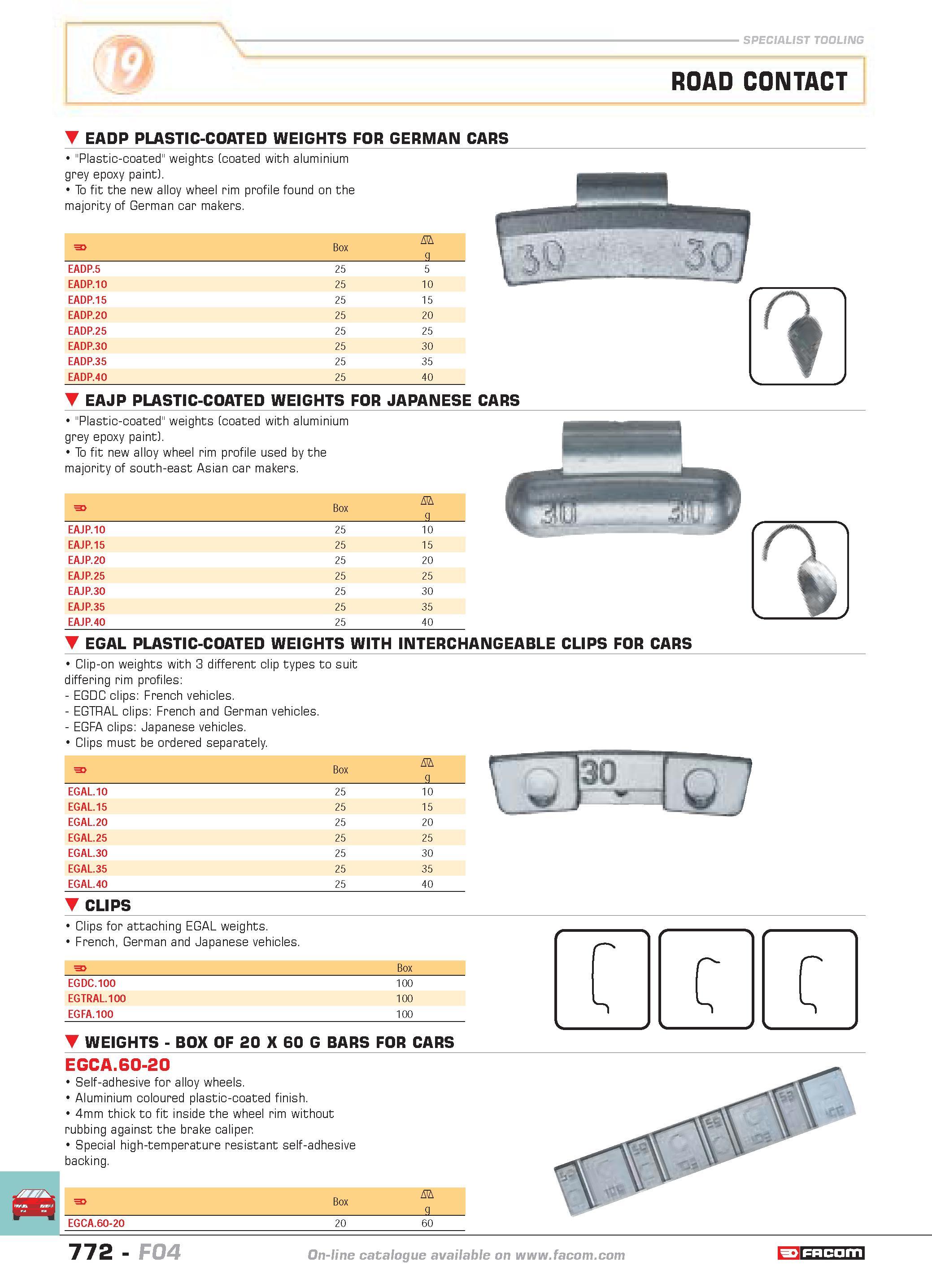 769 ROAD CONTACT EADP PLASTIC-COATED WEIGHTS FOR GERMAN CARS Plastic-coated weights (coated with aluminium grey epoxy paint) To fit the new alloy whe Каталог FACOM 2005 Профессиональный ручной инструмент и специальное оборудование для предприятий и мастерских Стр. 772 ENG