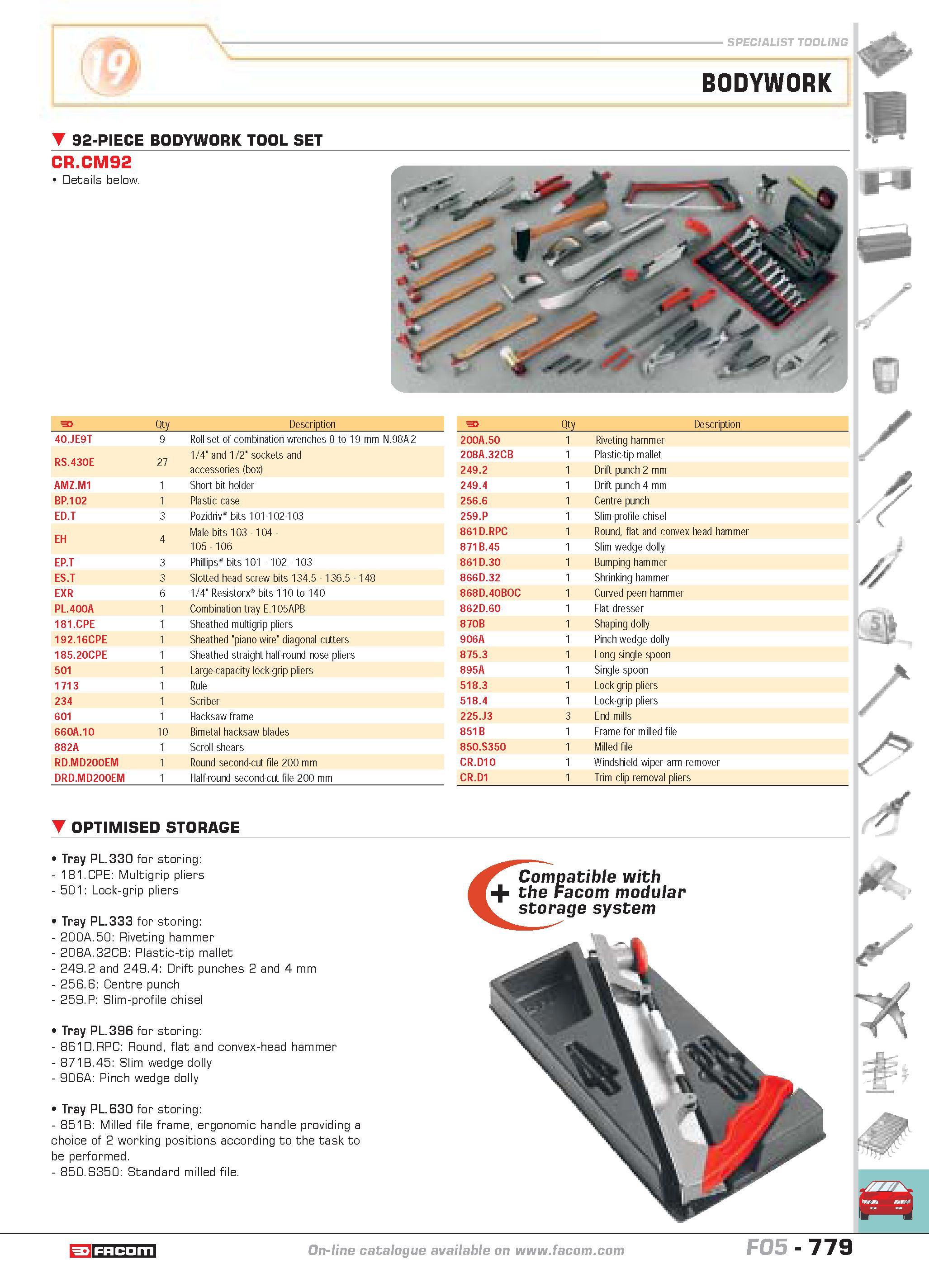 776 SPECIALIST TOOLING BODYWORK 92-PIECE BODYWORK TOOL SET CR CM92 Details below OPTIMISED STORAGE Tray PL 330 for storing 181 CPE Multigrip pliers 5 Каталог FACOM 2005 Профессиональный ручной инструмент и специальное оборудование для предприятий и мастерских Стр. 779 ENG