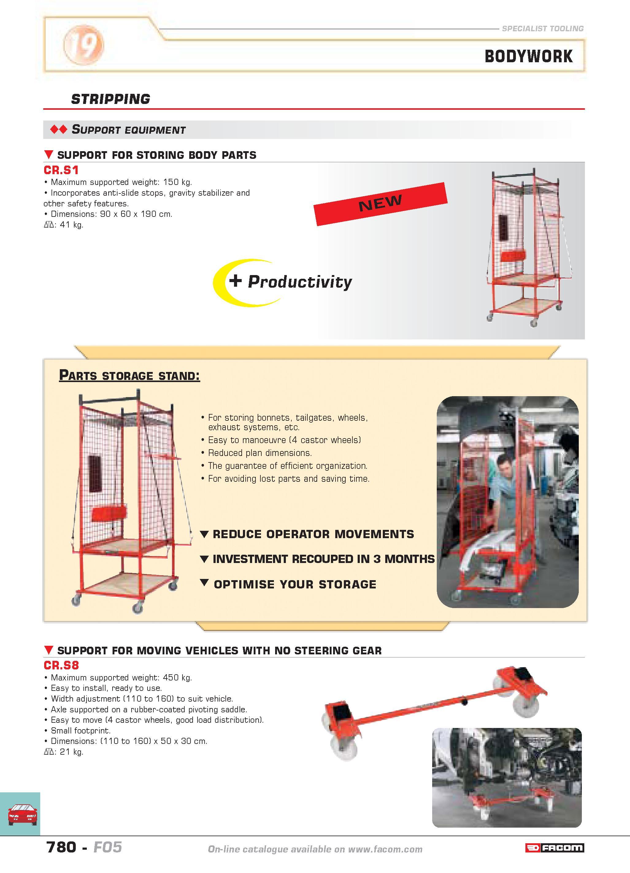 777 BODYWORK STRIPPING Support equipment SUPPORT FOR STORING BODY PARTS CR S1 Maximum supported weight 150 kg Incorporates anti-slide stops gravity s Каталог FACOM 2005 Профессиональный ручной инструмент и специальное оборудование для предприятий и мастерских Стр. 780 ENG