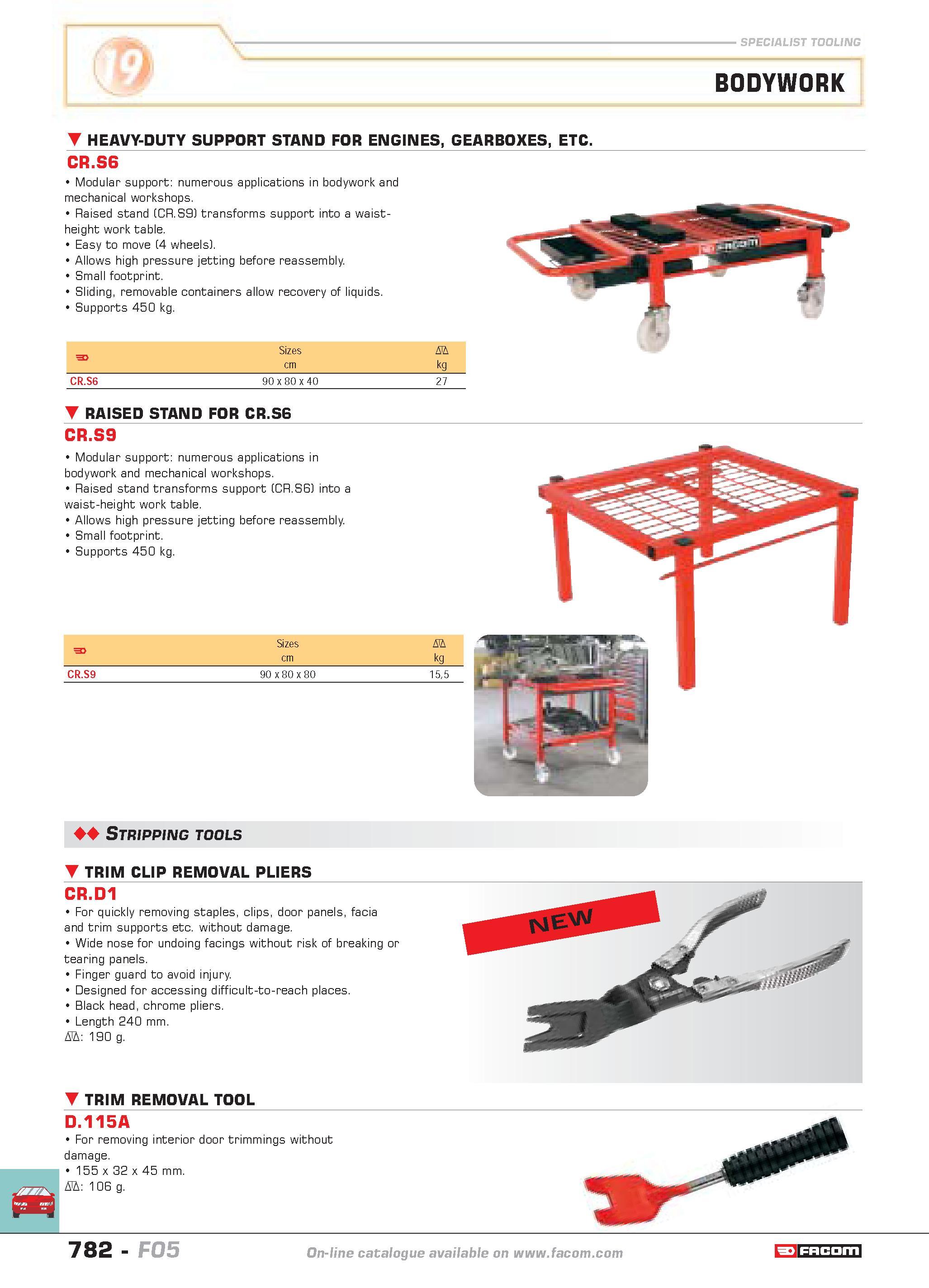 779 BODYWORK HEAVY-DUTY SUPPORT STAND FOR ENGINES GEARBOXES ETC CR S6 Modular support numerous applications in bodywork and mechanical workshops Rais Каталог FACOM 2005 Профессиональный ручной инструмент и специальное оборудование для предприятий и мастерских Стр. 782 ENG