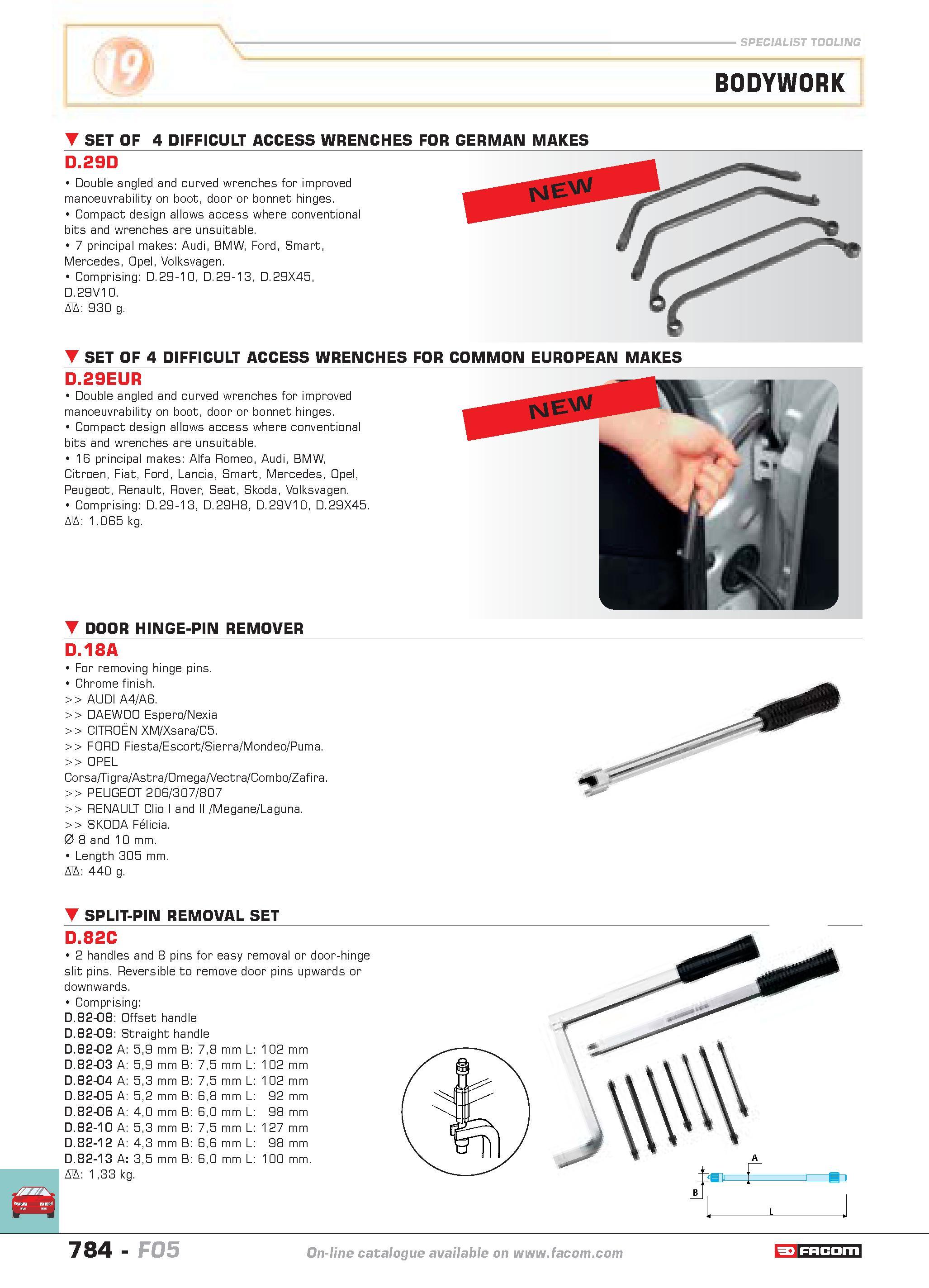 781 specialist tooling BODYWORK SET OF 4 DIFFICULT ACCESS WRENCHES FOR GERMAN MAKES D 29D Double angled and curved wrenches for improved manoeuvrabil Каталог FACOM 2005 Профессиональный ручной инструмент и специальное оборудование для предприятий и мастерских Стр. 784 ENG