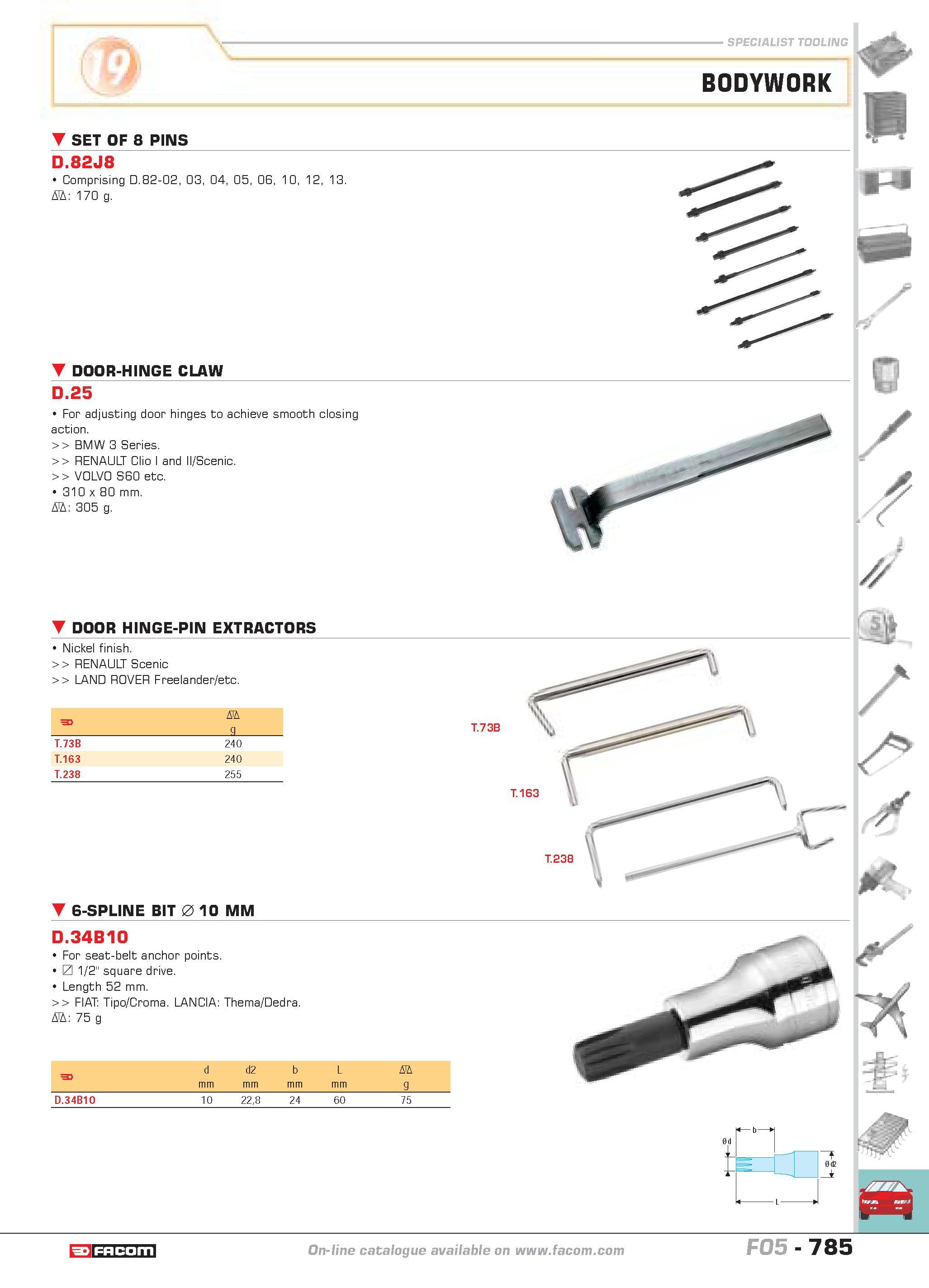 782 SPECIALIST TOOLING SET OF 8 PINS D 82J8 Comprising D 82-02 03 04 05 06 10 12 13 D 170 g door-hinge claw D 25 For adjusting door hinges to achieve Каталог FACOM 2005 Профессиональный ручной инструмент и специальное оборудование для предприятий и мастерских Стр. 785 ENG