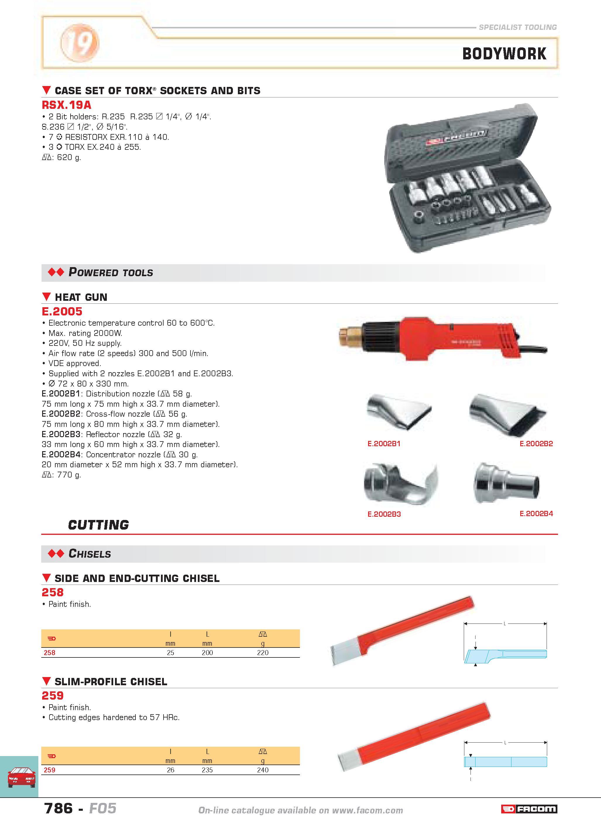 783 specialist tooling BODYWORK CASE SET OF TORX SOCKETS AND BITS RSX 19A 2 Bit holders R 235 R 235 L 1/4 0 1 4 S 236 1/2 0 5 16 7 RESISTORX EXR 110 Каталог FACOM 2005 Профессиональный ручной инструмент и специальное оборудование для предприятий и мастерских Стр. 786 ENG
