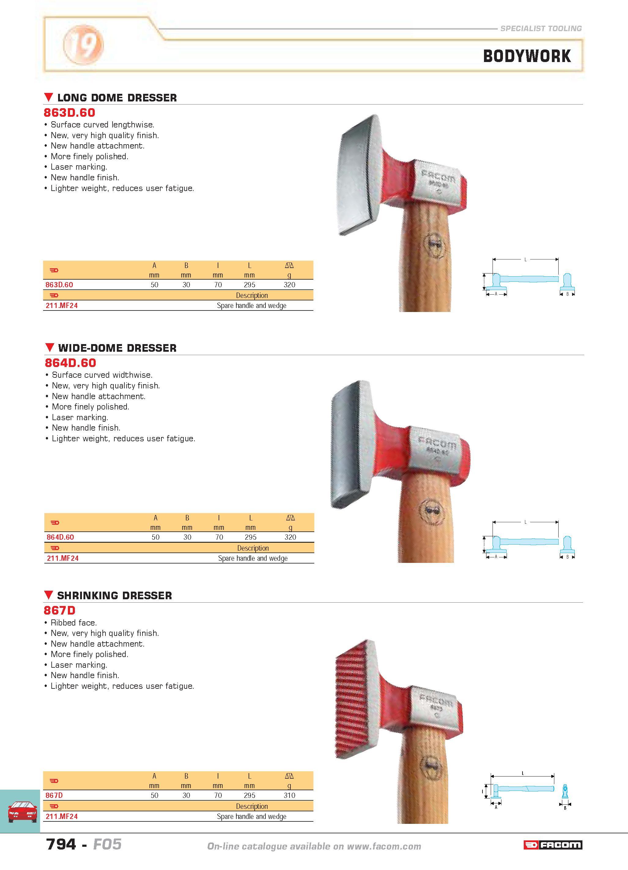 791 SPECIALIST TOOLING BODYWORK LONG DOME DRESSER 863D 60 Surface curved lengthwise New very high quality finish New handle attachment More finely po Каталог FACOM 2005 Профессиональный ручной инструмент и специальное оборудование для предприятий и мастерских Стр. 794 ENG