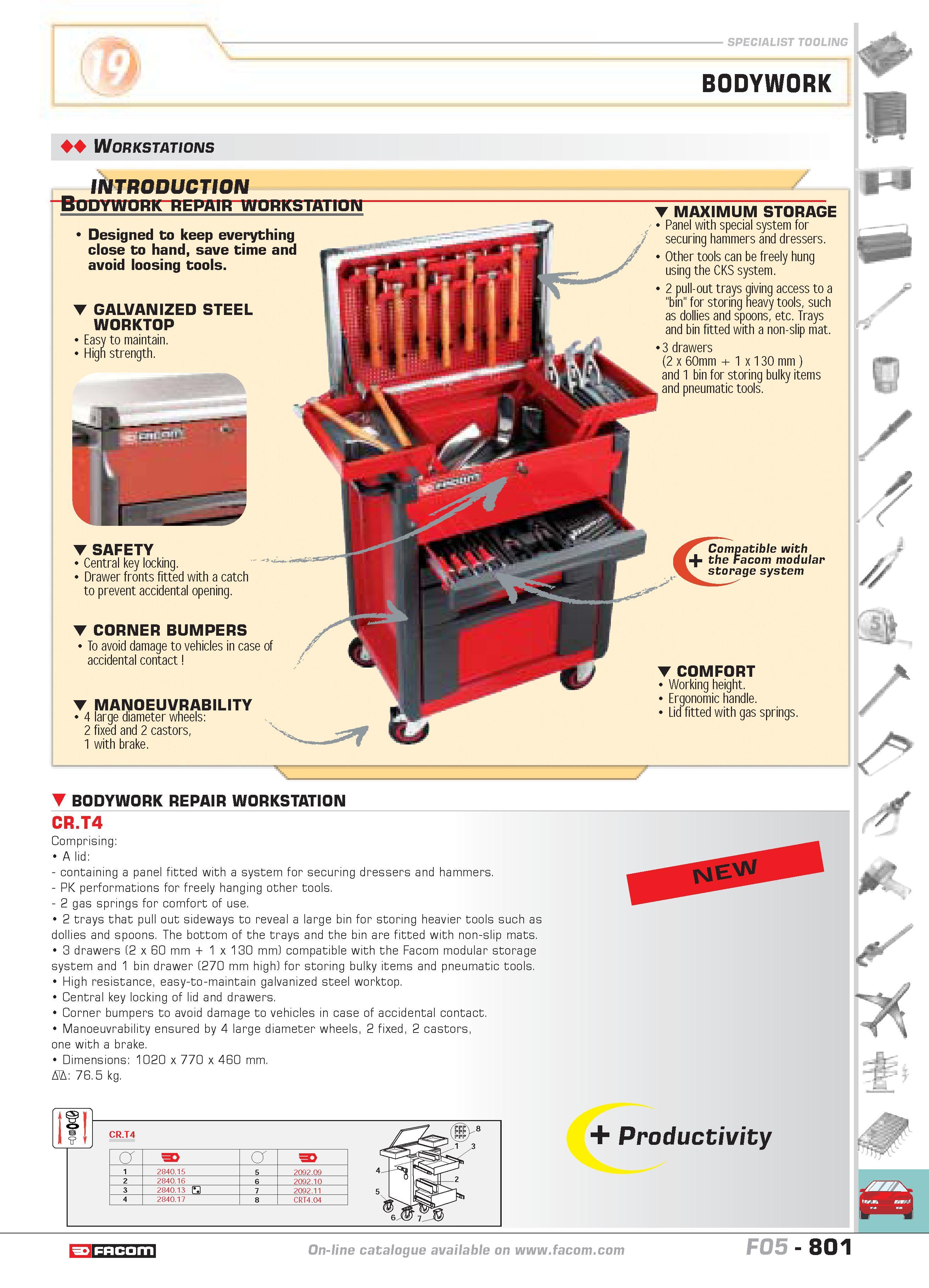 798 BODYWORK Workstations INTRODUCTION Bodywork repair workstation Designed to keep everything close to hand save time and avoid loosing tools GALVAN Каталог FACOM 2005 Профессиональный ручной инструмент и специальное оборудование для предприятий и мастерских Стр. 801 ENG