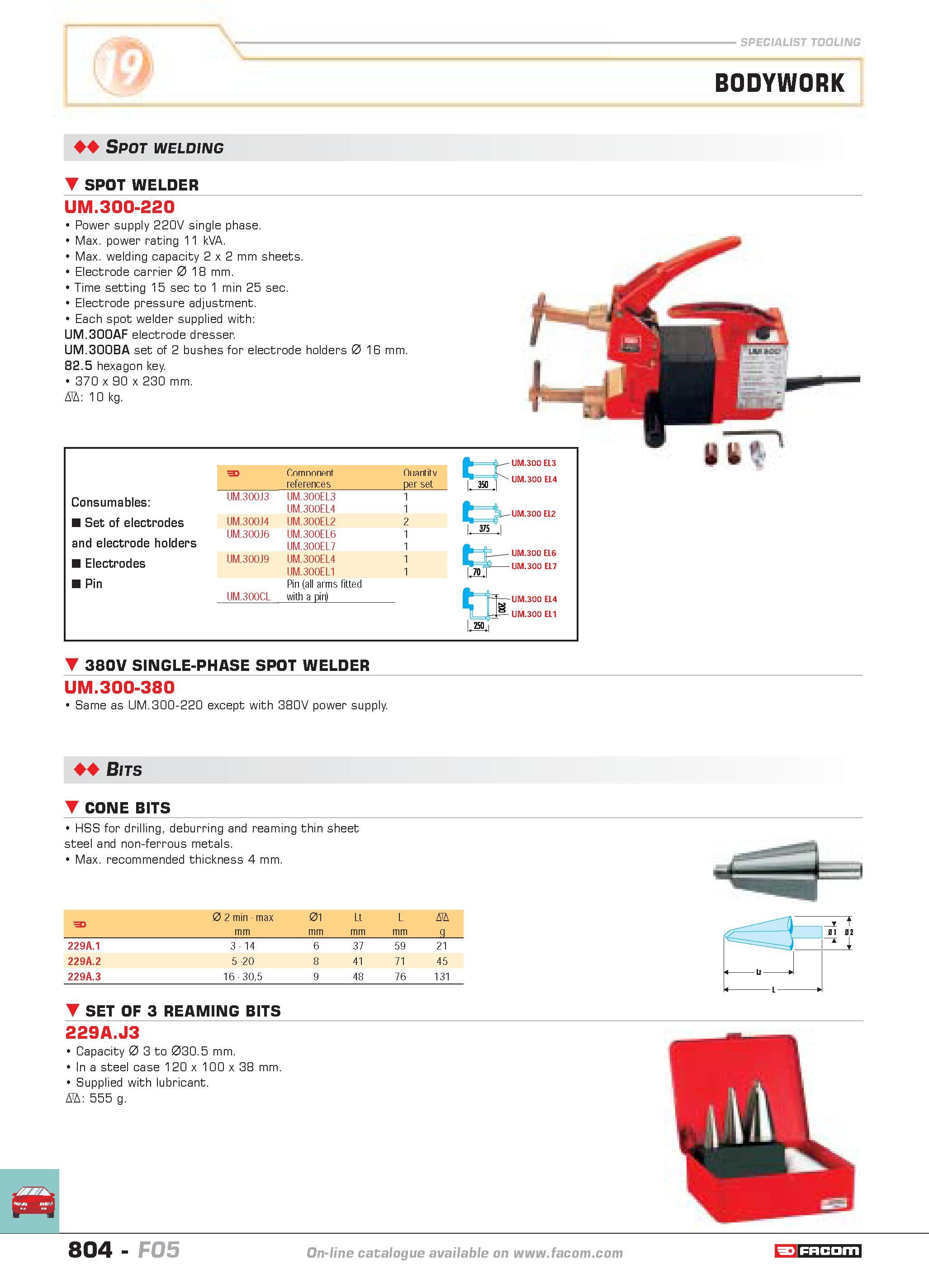 801 SPECIALIST TOOLING BODYWORK Spot welding SPOT WELDER UM 300-220 Power supply 220V single phase Max power rating 11 kVA Max welding capacity 2 x 2 Каталог FACOM 2005 Профессиональный ручной инструмент и специальное оборудование для предприятий и мастерских Стр. 804 ENG