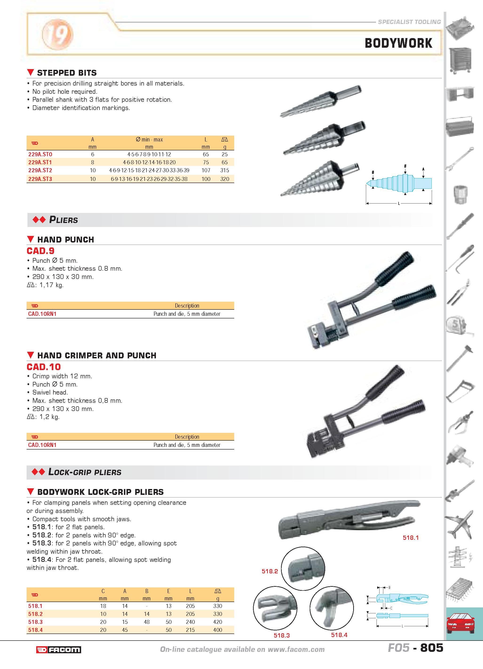 802 specialist tooling STEPPED BITS For precision drilling straight bores in all materials No pilot hole required Parallel shank with 3 flats for pos Каталог FACOM 2005 Профессиональный ручной инструмент и специальное оборудование для предприятий и мастерских Стр. 805 ENG