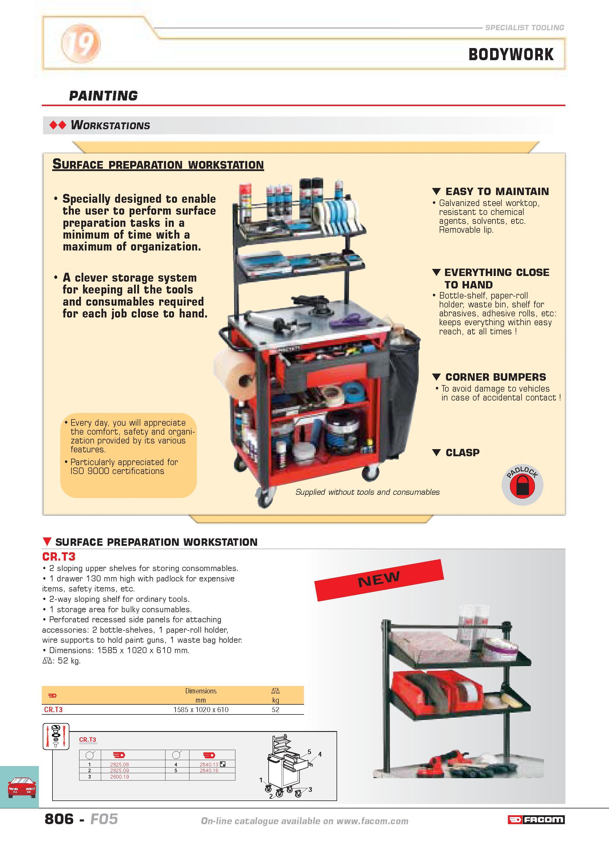803 SPECIALIST TOOLING PAINTING Workstations BODYWORK Surface preparation workstation Specially designed to enable the user to perform surface prepar Каталог FACOM 2005 Профессиональный ручной инструмент и специальное оборудование для предприятий и мастерских Стр. 806 ENG