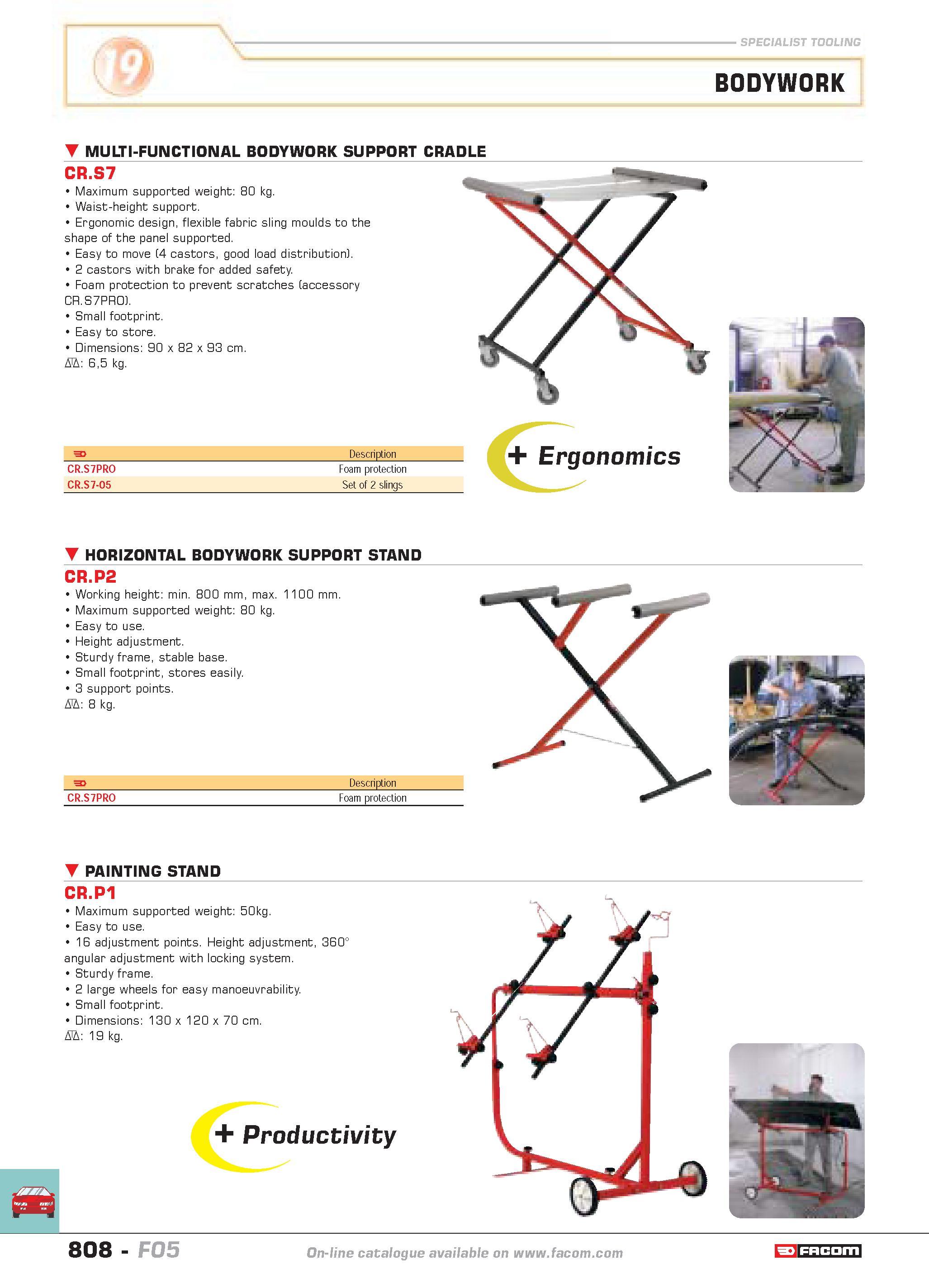 805 MULTI-FUNCTIONAL BODYWORK SUPPORT CRADLE CR S7 Maximum supported weight 80 kg Waist-height support Ergonomic design flexible fabric sling moulds Каталог FACOM 2005 Профессиональный ручной инструмент и специальное оборудование для предприятий и мастерских Стр. 808 ENG