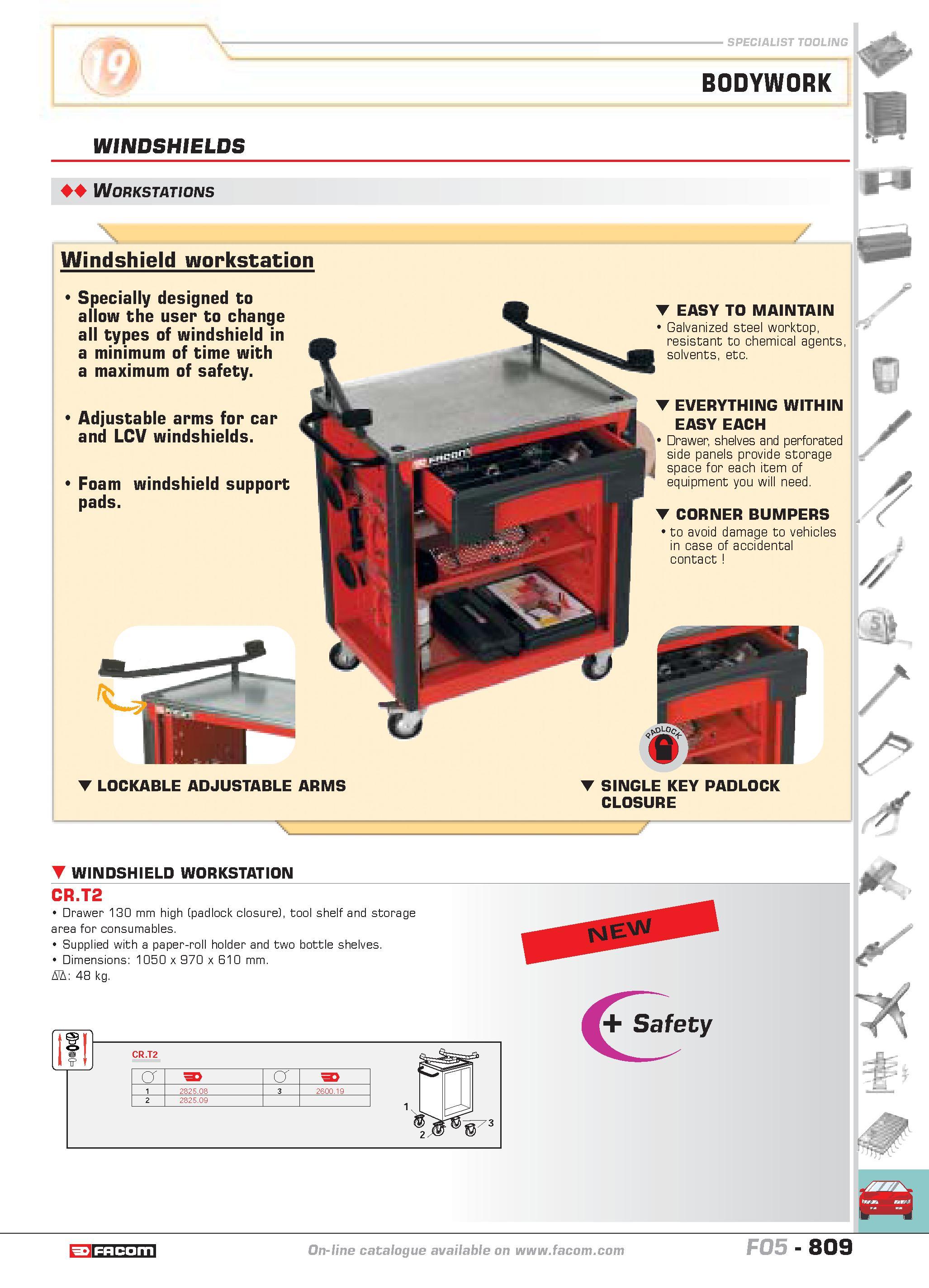 806 specialist tooling WINDSHIELDS BODYWORK Workstations Windshield workstation Specially designed to allow the user to change all types of windshiel Каталог FACOM 2005 Профессиональный ручной инструмент и специальное оборудование для предприятий и мастерских Стр. 809 ENG