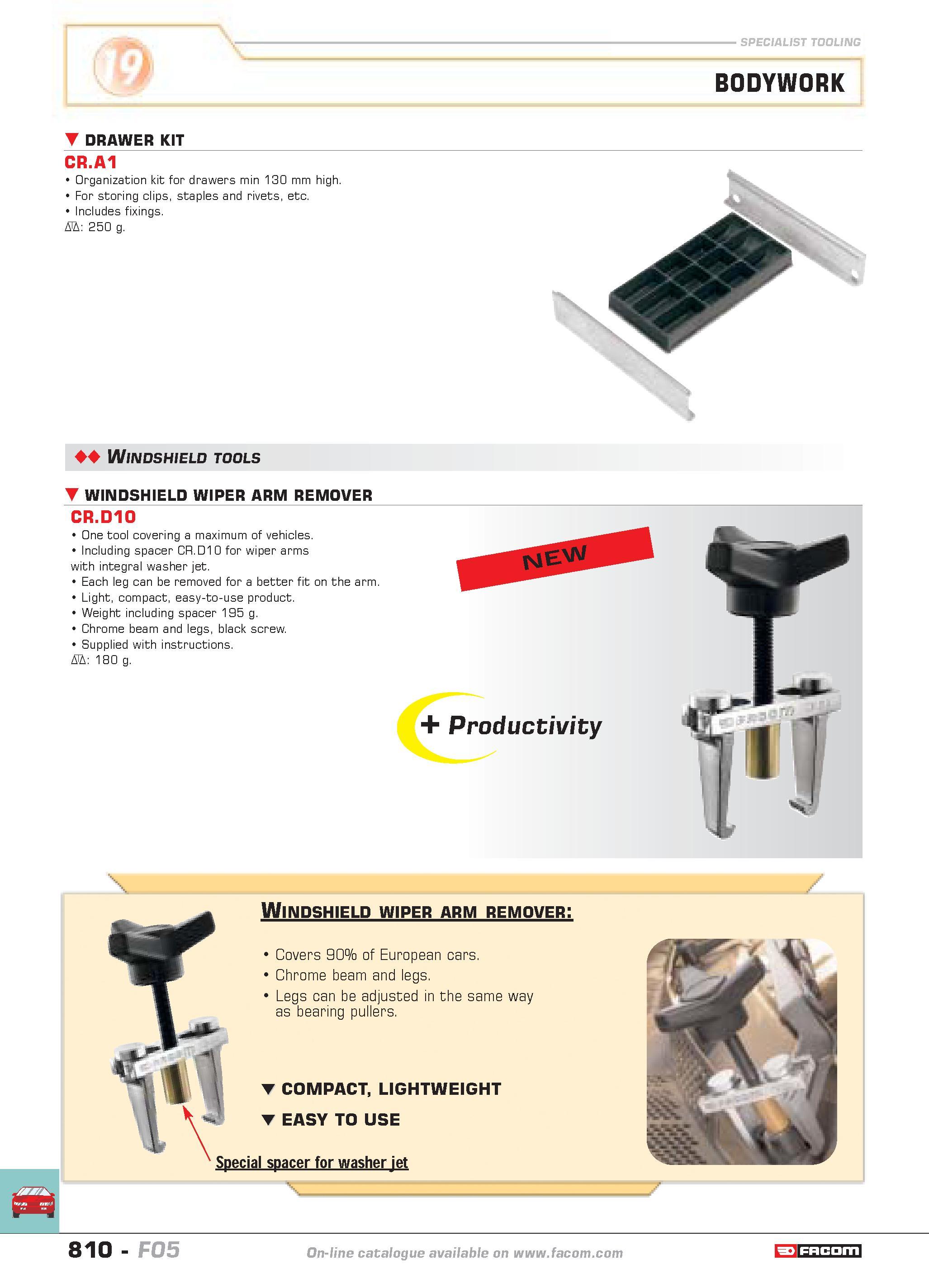 807 SPECIALIST TOOLING BODYWORK DRAWER KIT CR A1 Organization kit for drawers min 130 mm high For storing clips staples and rivets etc Includes fixin Каталог FACOM 2005 Профессиональный ручной инструмент и специальное оборудование для предприятий и мастерских Стр. 810 ENG