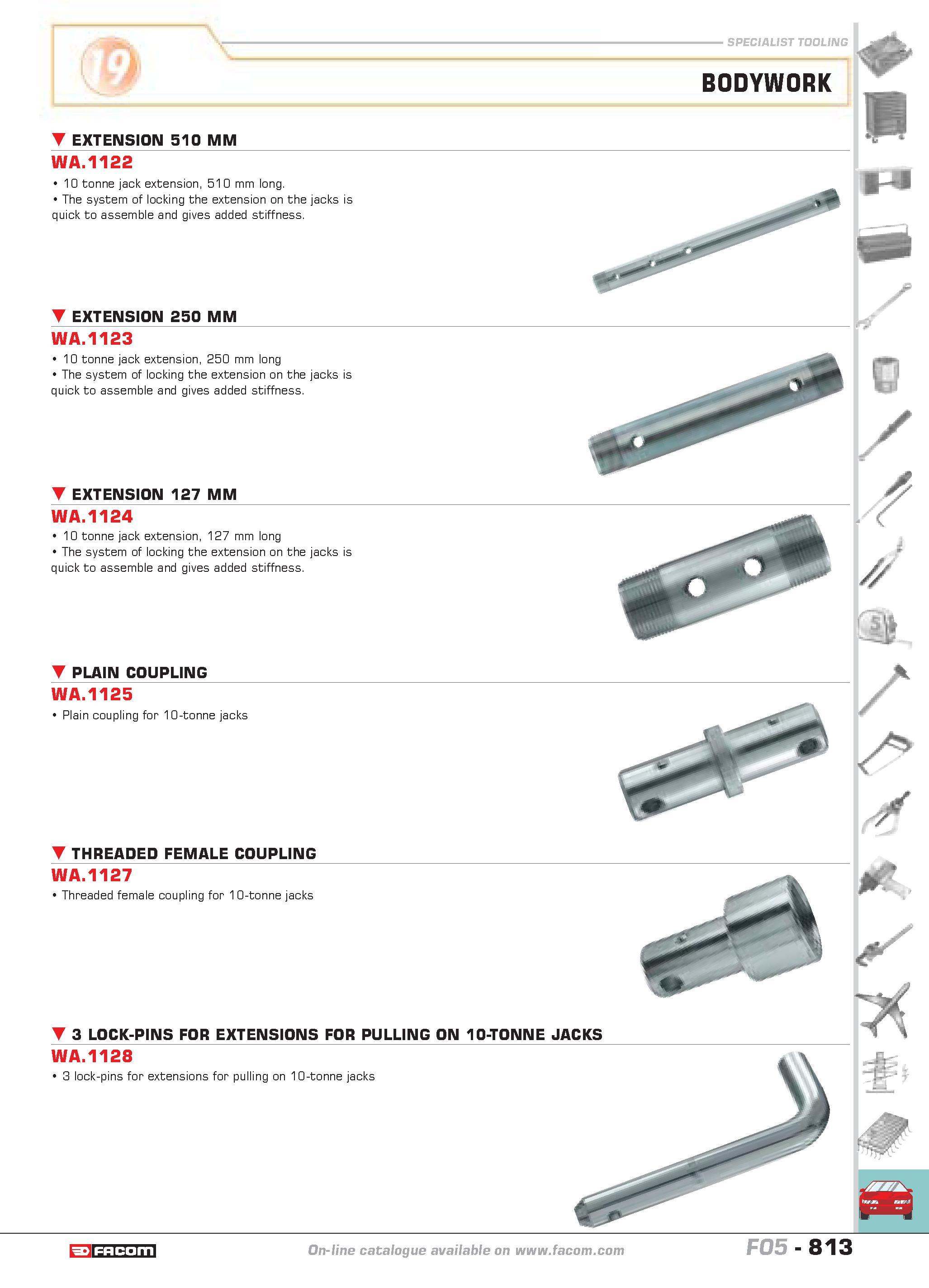 810 BODYWORK EXTENSION 510 MM WA 1122 10 tonne jack extension 510 mm long The system of locking the extension on the jacks is quick to assemble and g Каталог FACOM 2005 Профессиональный ручной инструмент и специальное оборудование для предприятий и мастерских Стр. 813 ENG