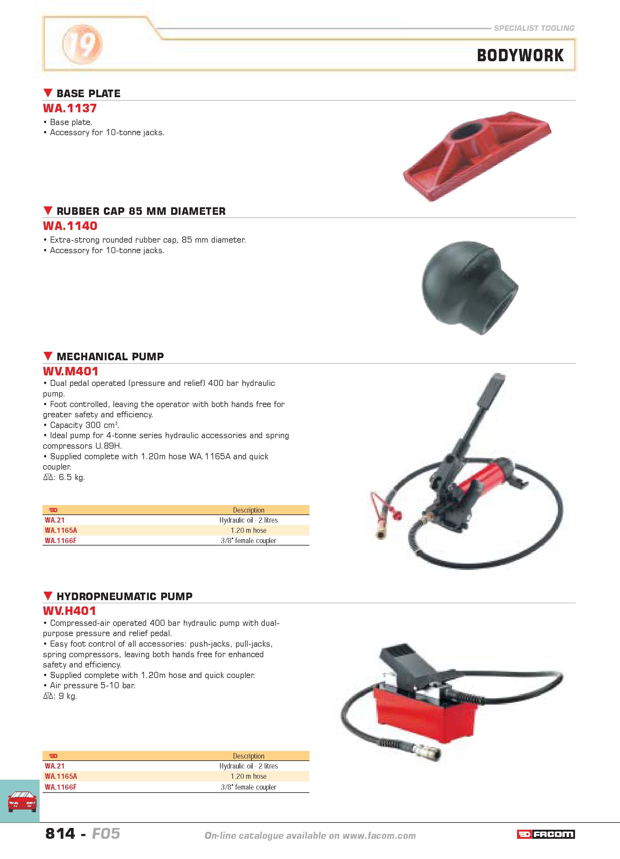 811 specialist tooling BODYWORK BASE PLATE WA 1137 Base plate Accessory for 10-tonne jacks RUBBER CAP 85 MM DIAMETER WA 1140 Extra-strong rounded rub Каталог FACOM 2005 Профессиональный ручной инструмент и специальное оборудование для предприятий и мастерских Стр. 814 ENG