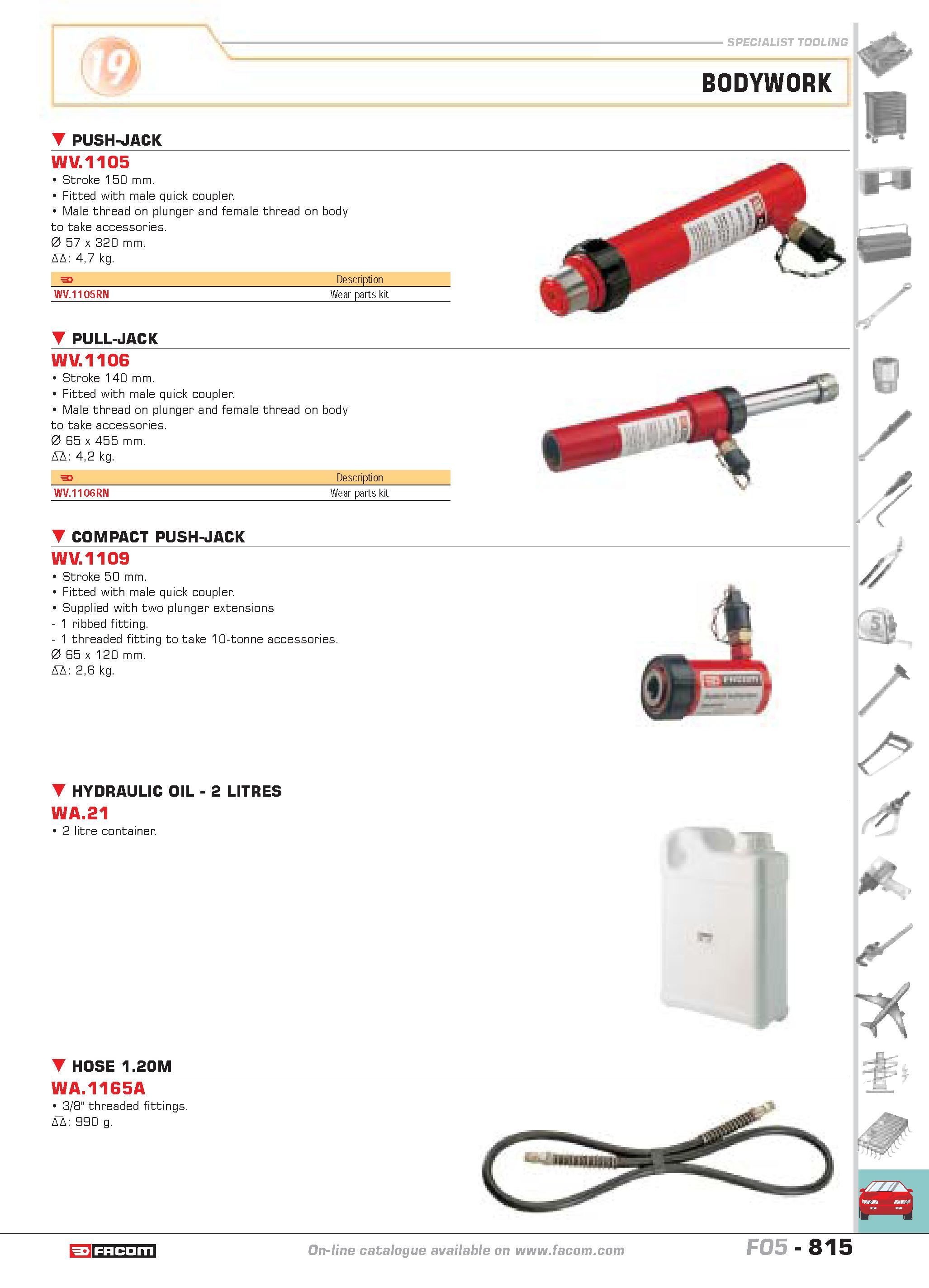 812 BODYWORK push-jack WV 1105 Stroke 150 mm Fitted with male quick coupler Male thread on plunger and female thread to take accessories 0 57 x 320 m Каталог FACOM 2005 Профессиональный ручной инструмент и специальное оборудование для предприятий и мастерских Стр. 815 ENG