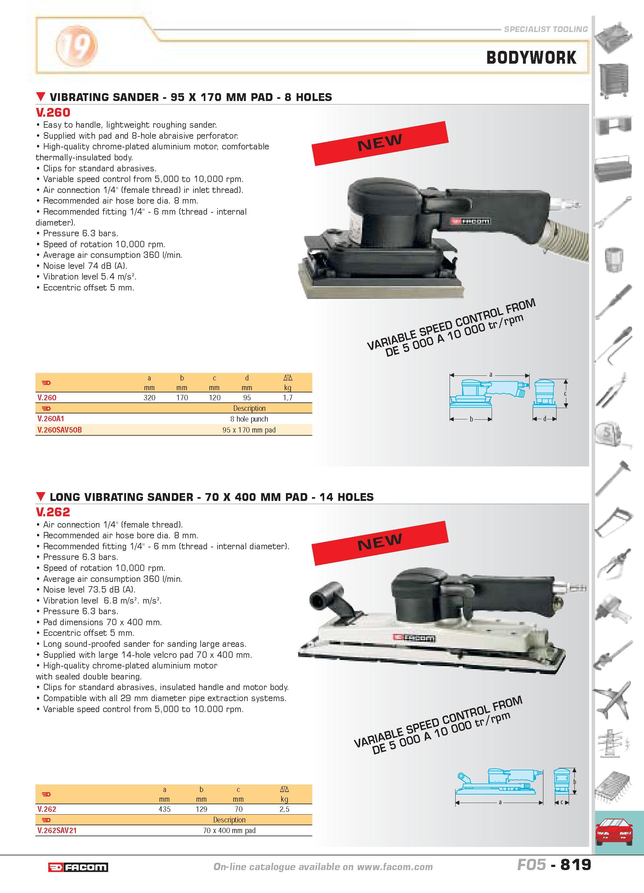816 SPECIALIST TOOLING BODYWORK VIBRATING SANDER 95 X 170 MM PAD 8 HOLES V 260 Easy to handle lightweight roughing sander Supplied with pad and 8-hol Каталог FACOM 2005 Профессиональный ручной инструмент и специальное оборудование для предприятий и мастерских Стр. 819 ENG