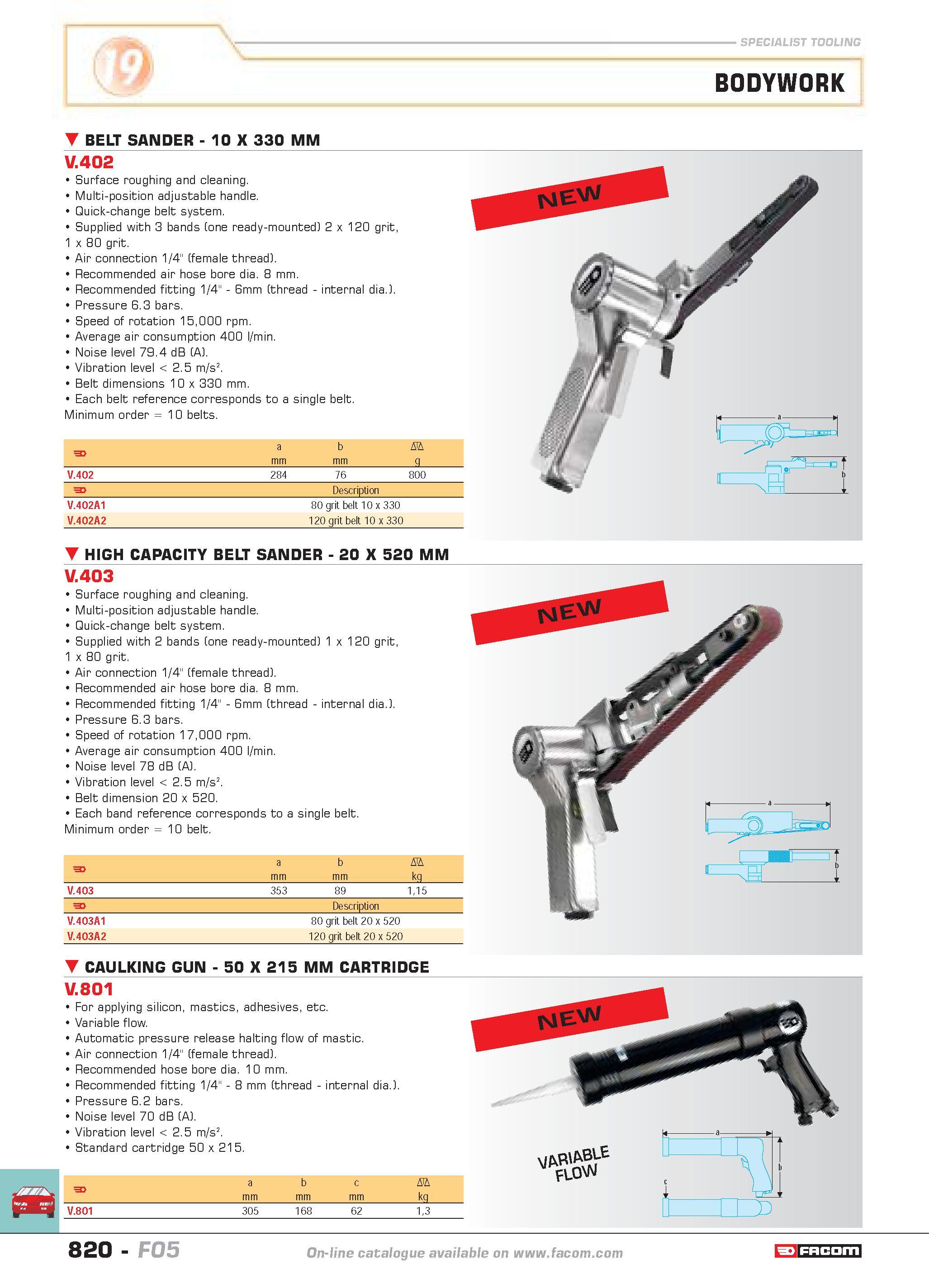 817 specialist tooling BODYWORK BELT SANDER 10 X 330 MM V 402 Surface roughing and cleaning Multi-position adjustable handle Quick-change belt system Каталог FACOM 2005 Профессиональный ручной инструмент и специальное оборудование для предприятий и мастерских Стр. 820 ENG